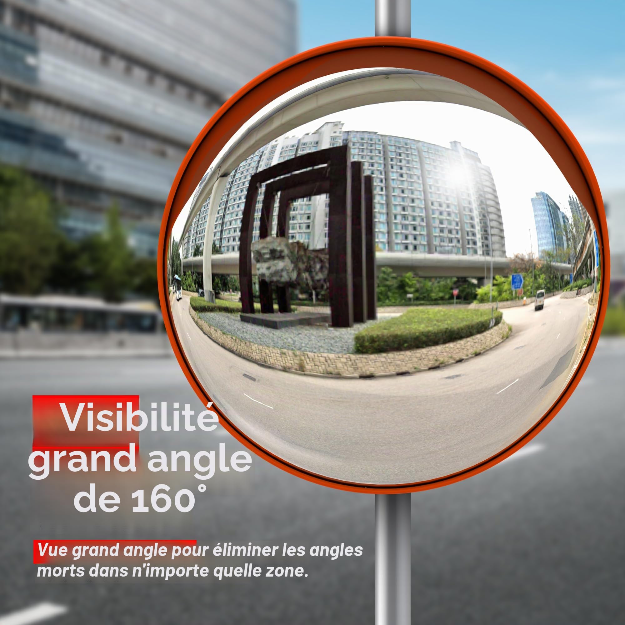 Miroir de sécurité convexe de 80 cm de forme circulaire | Miroir de sécurité convexe rond | Grand angle visible haute définition avec corps en plastique orange