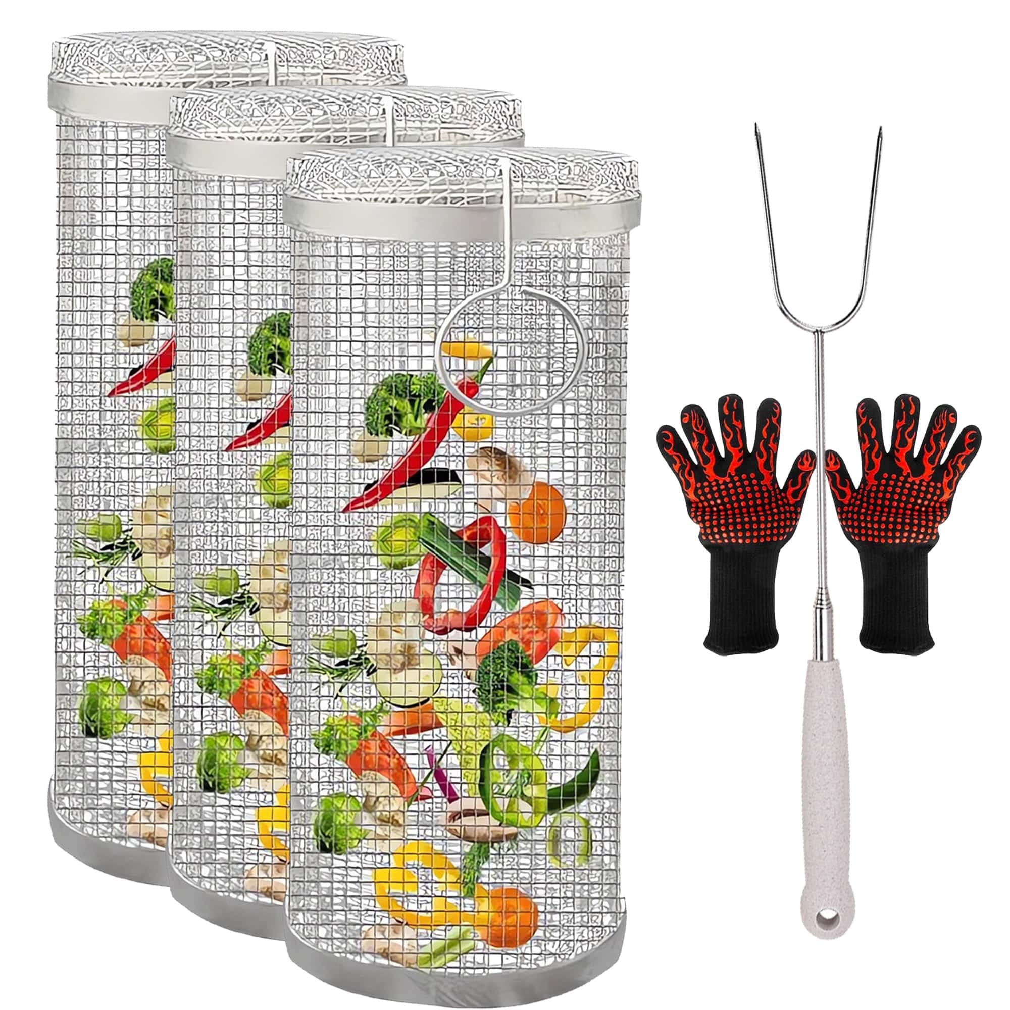 Set di cestelli per Grigliare di Alta qualità con Ruote - Cilindro griglia Portatile in Rete di Acciaio Inox con forchetta e Guanti per Verdure, Pesce e Patatine Fritte - Lavabile in lavasto