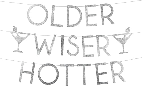 Dulcet Downtown Older Hotter Wiser - Cartel fino con purpurina para cumpleaños (plateado)
