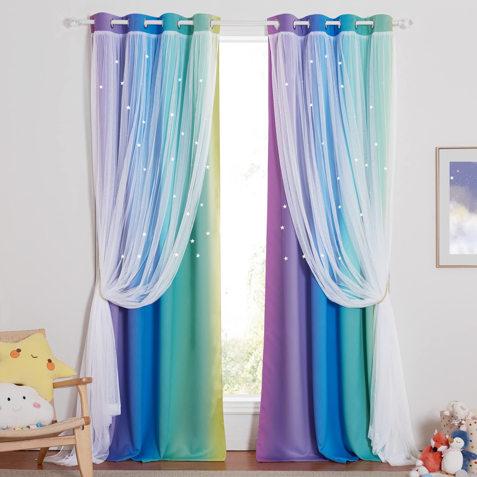 NICETOWN White Sheer & Blackout Drapes Assembled, Mix & Match Star Cut Rainbow Stripes Design Curtains with Versatile Styling Options for Birthday Party (Rainbow-1, Each is W52 x L84, Sold by 1)