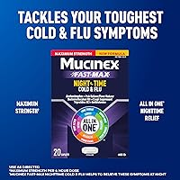 Vista 2 de Mucinex Nightshift para resfriado y gripe, potente alivio nocturno multisíntoma, 20 cápsulas de liberación rápida, analgésico/reductor de fiebre