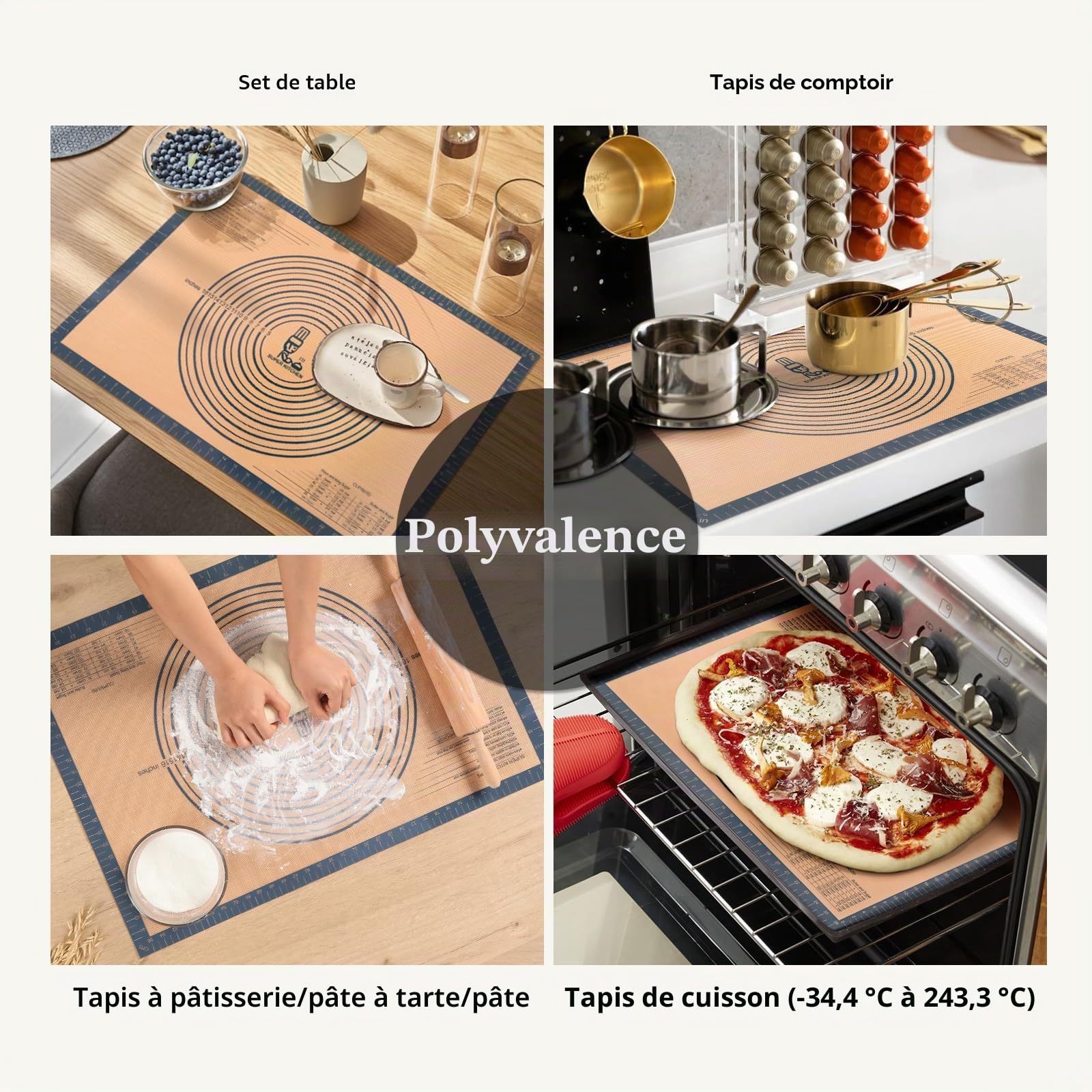 Tapis à Pâtisserie en Silicone Antidérapant 71×51cm avec Grattoir à Pâte Gris