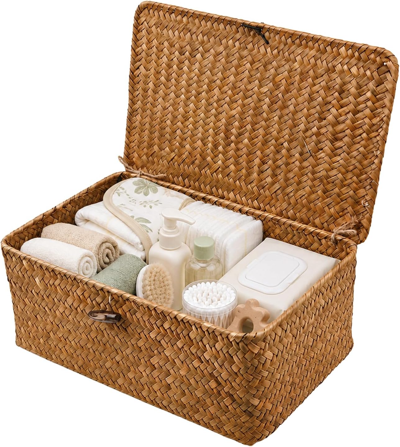 Esoes Wicker Storage Basket Woven Rattan Storage Box With Lids Seagrass Laundry Baskets Makeup Organizer For Bathroom, Living Room, Kitchen (XL)
