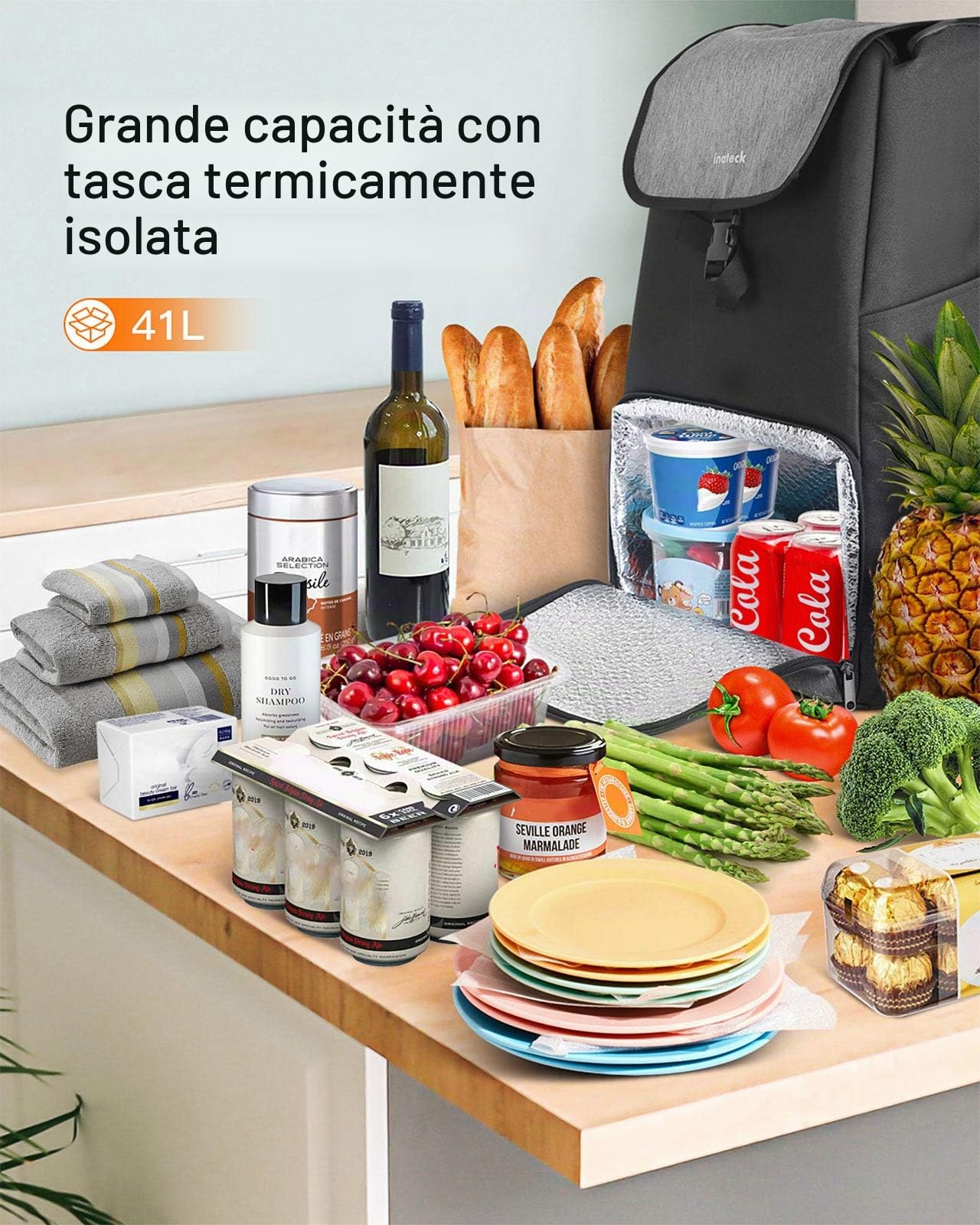 Inateck Trolley per la Spesa con Grande Capacità di Carico e Borsa di Isolamento Termico con Ruote, Portata Massima 45 kg, 41 l, Nero