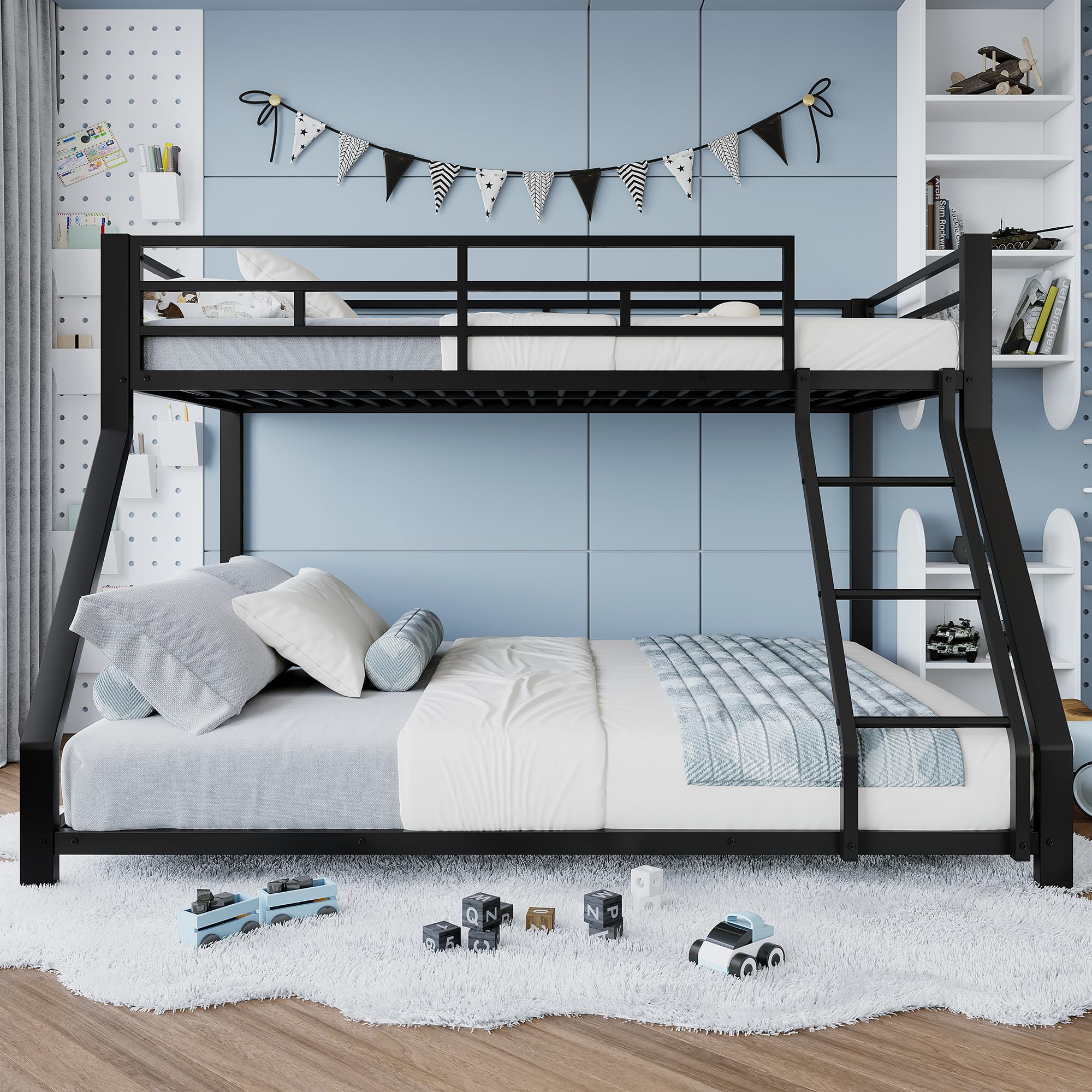 Litera doble para niños, barandilla, con escalera segura, sin colchón, diseño elegante, adecuado para cualquier decoración de habitación infantil, metal, 90 x 200 cm, 140 x 200 cm (negro)