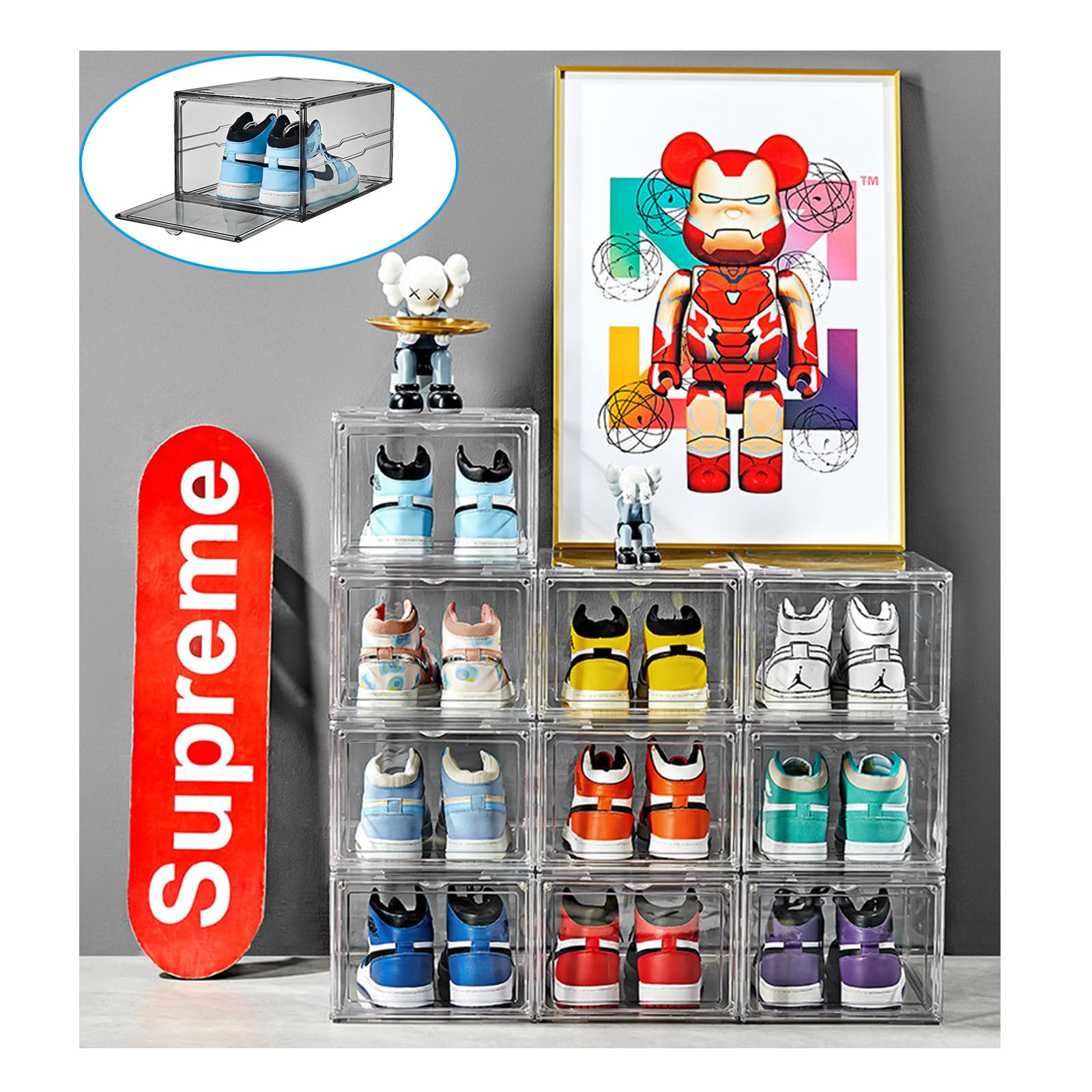 Cajas de zapatos apilables, transparentes, juego de 3 cajas de zapatos con puerta magnética, 37 x 27 x 20 cm, caja de almacenamiento (parabrisas frontal transparente gris)