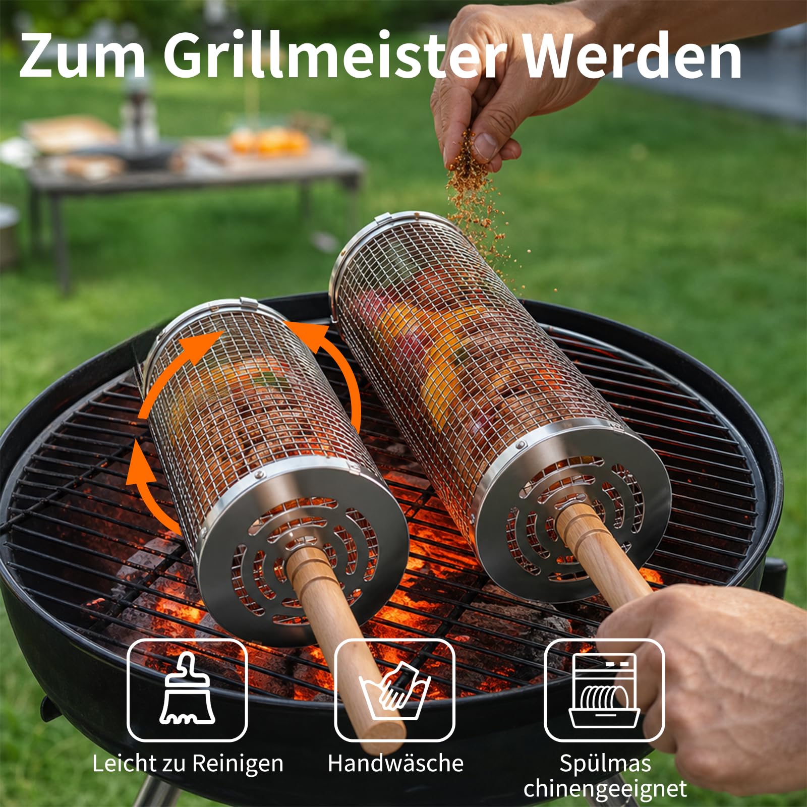 Panier à Barbecue Roulant Gigogne, Poignée Amovible, Acier Inoxydable 304, Grand + Petit, Accessoires pour Légumes, Ustensiles de Cuisine Extérieur Camping, Cadeau Anniversaire Homme Papa