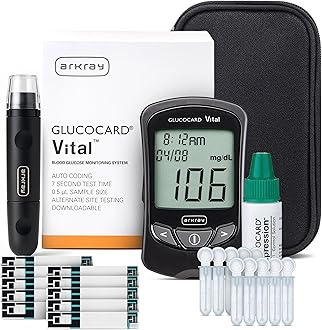 ARKRAY GLUCOCARD Vital Blood Glucose Meter Kit – Complete Glucose Monitoring System with Meter, 10 Test Strips, 10 Lancets, Control Solution, Lancing Device & Carrying Case