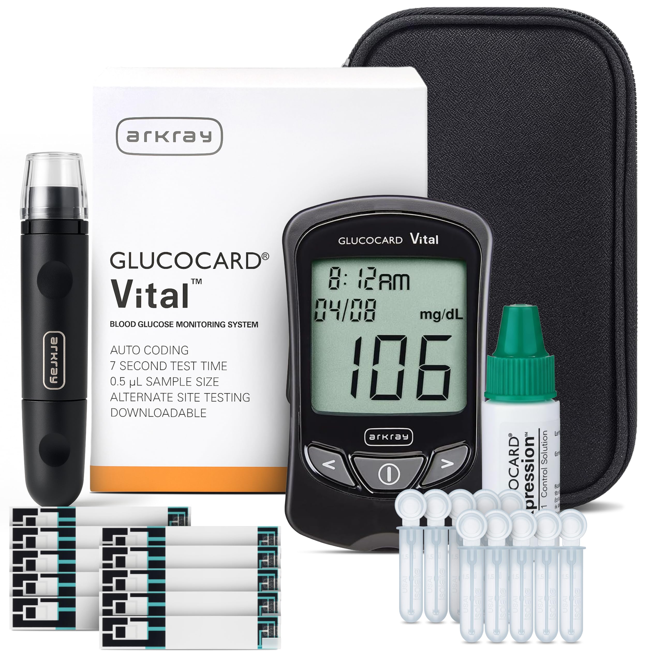 ARKRAY GLUCOCARD Vital Blood Glucose Meter Kit – Complete Glucose Monitoring System with Meter, 10 Test Strips, 10 Lancets, Control Solution, Lancing Device & Carrying Case