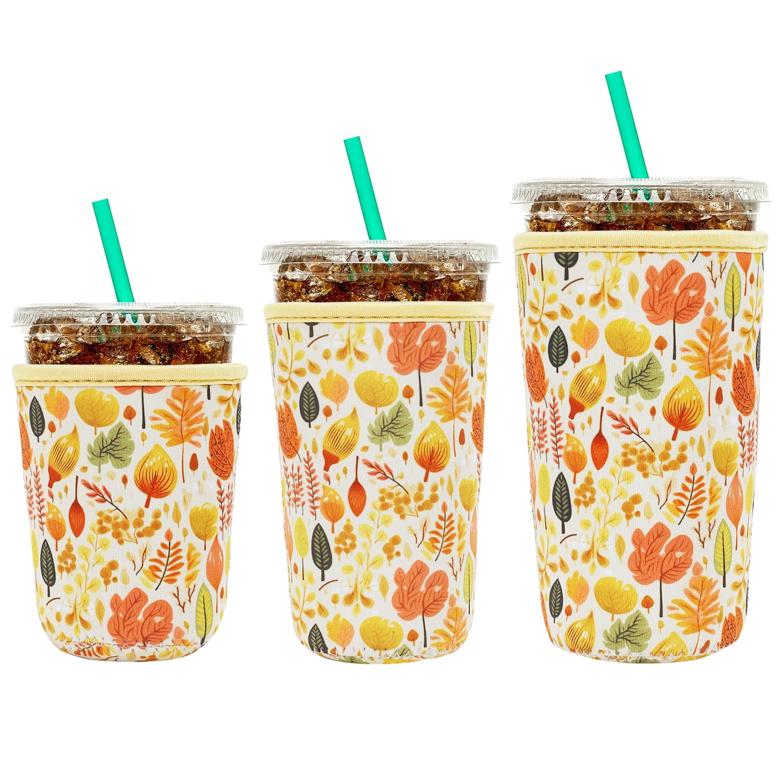 YR Reusable Neoprene Insulator Sleeve for Iced Coffee Cups, 3 Pack Coffee Coolies sleeves for Iced & Hot Drinks, Cold Beverage Cooler Compatible with