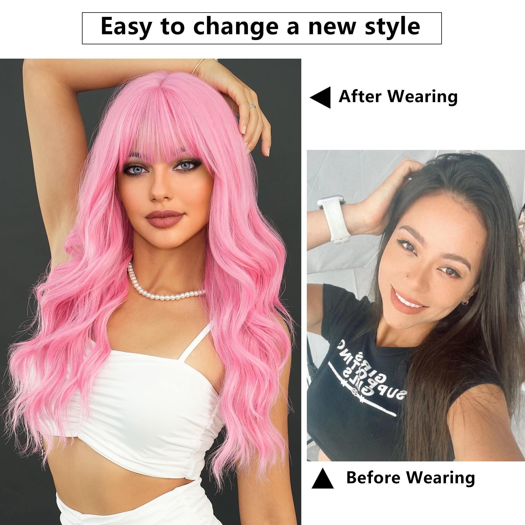 Amazon.com : 7JHH WIGS Long Wavy Pink Wig 24in Natural Heat  display picture 1