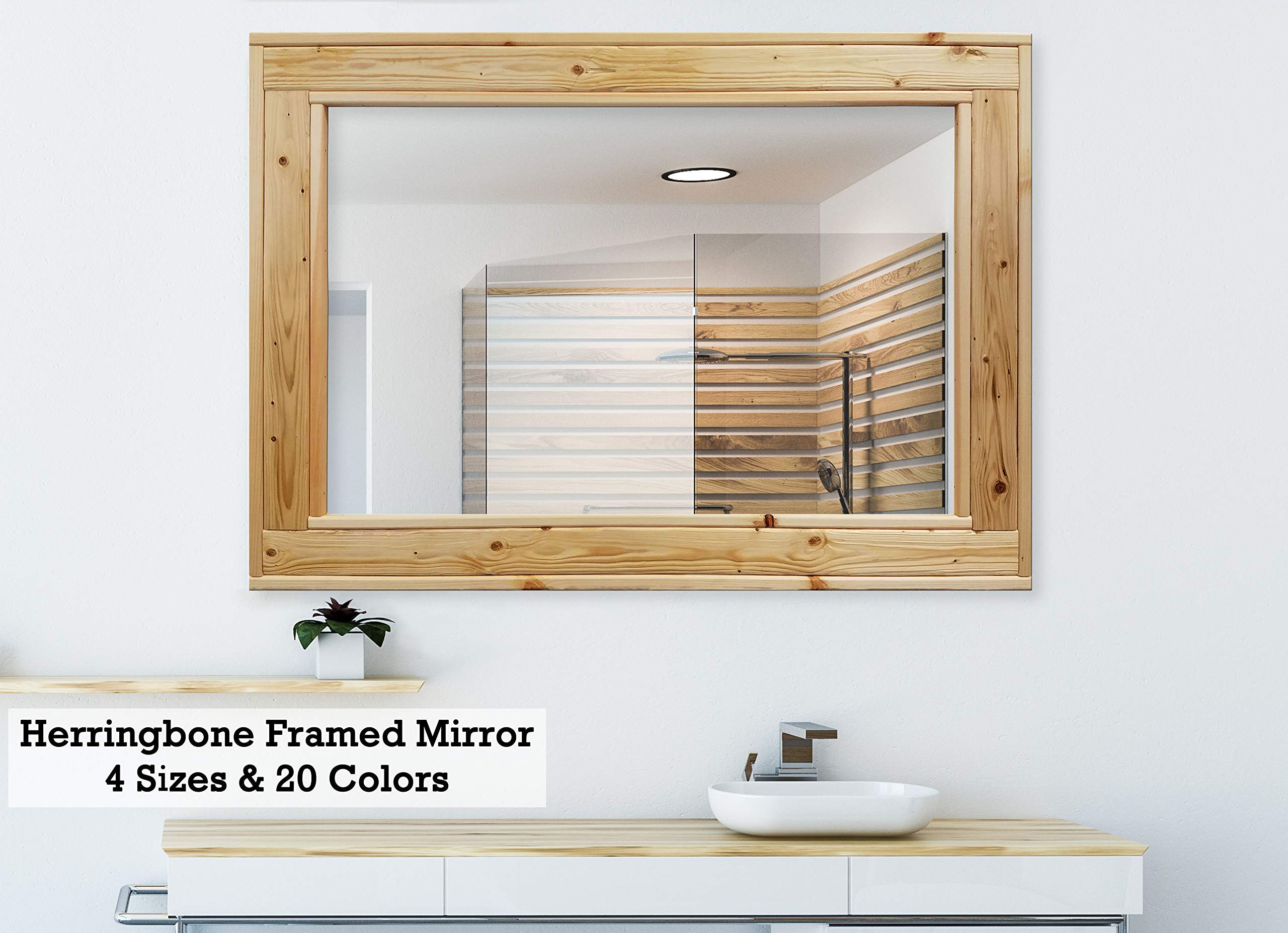 Herringbone Reclaimed Wood Framed Mirror, Available in 4 Sizes and 20 Stain colors Shown in New