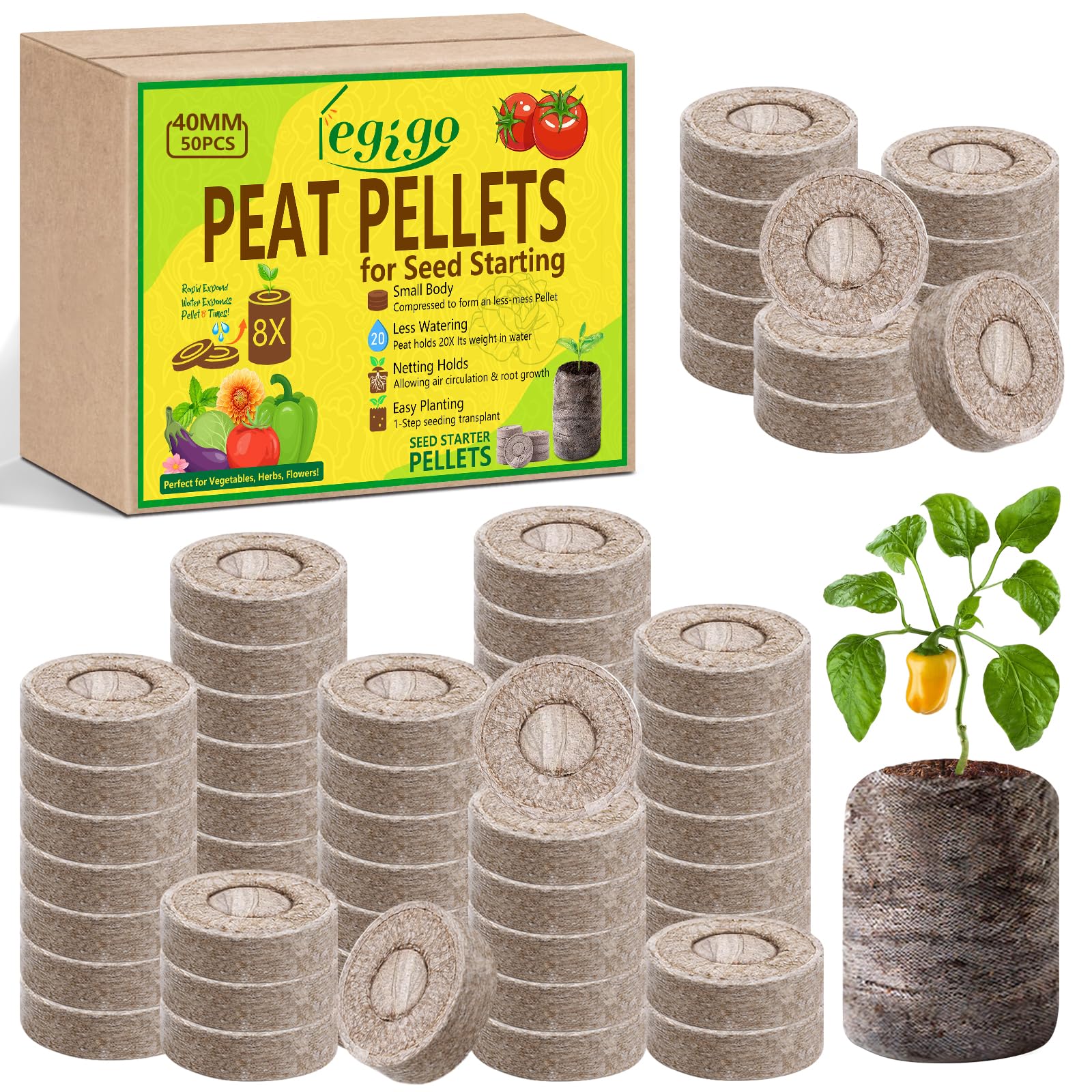 Legigo 50 Pcs 40mm Peat Pellets for Seedlings, Seed Starter Soil Pods
