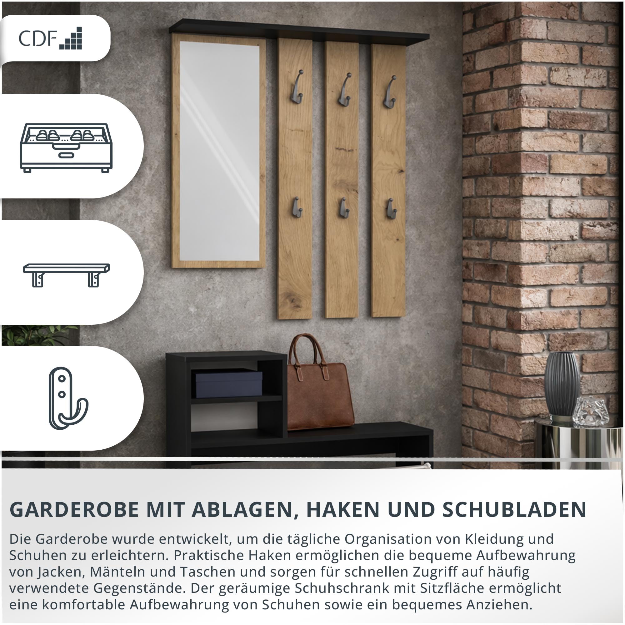 CDF Garderobe-Set Flurmöbel mit Spiegel und Schuhschrank 85x24x180 cm Anthrazit/Eiche Artisan
