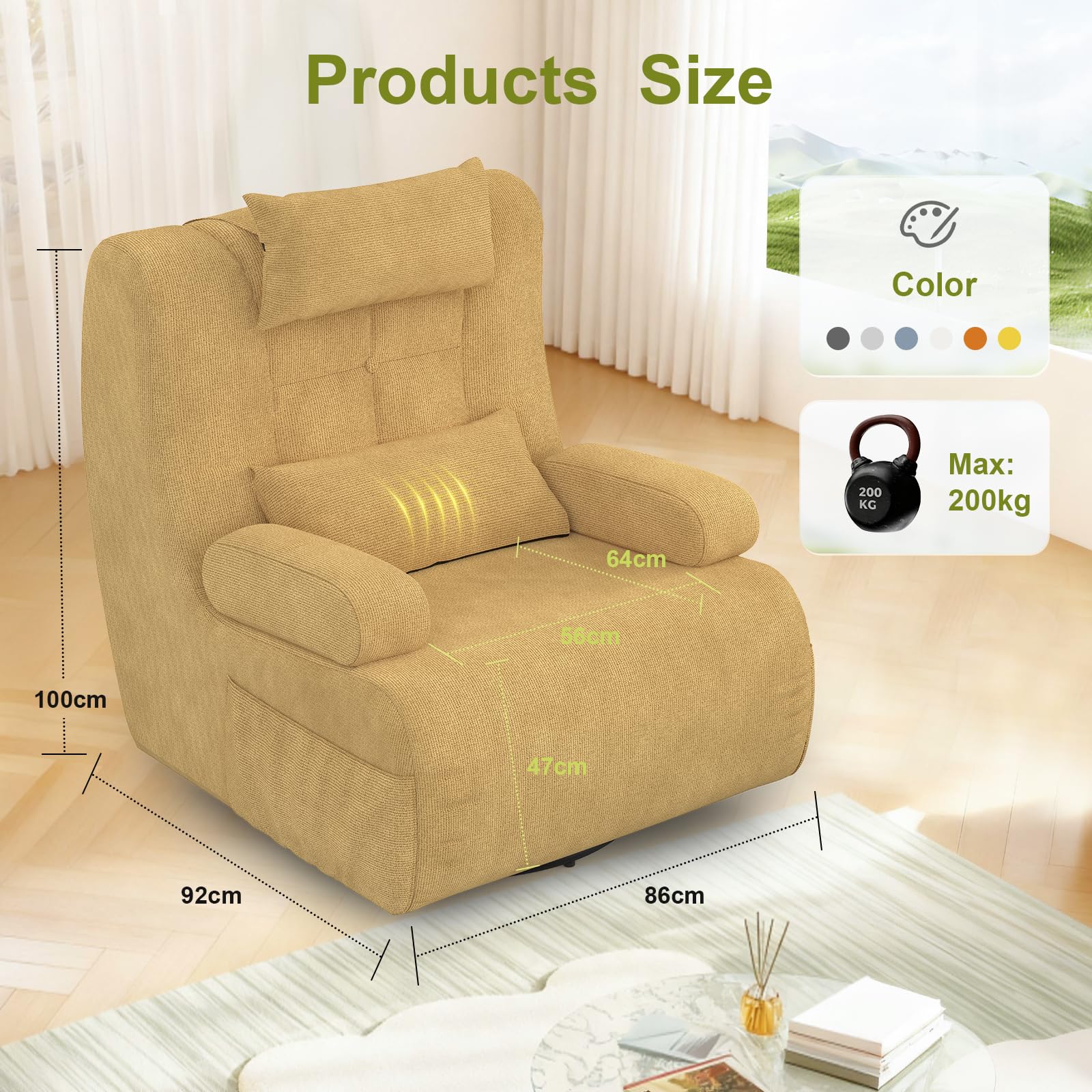 Relaxsessel,Fernsehsessel mit 2 zusätzlichen Kissen,2 Seitentaschen, 360°Drehbarer TV-Sessel für Wohnzimmer, Schlafzimmer, Heimkino, gepolsterter Hochlehner-Sessel, Moderner Lesesessel , Drehsessel