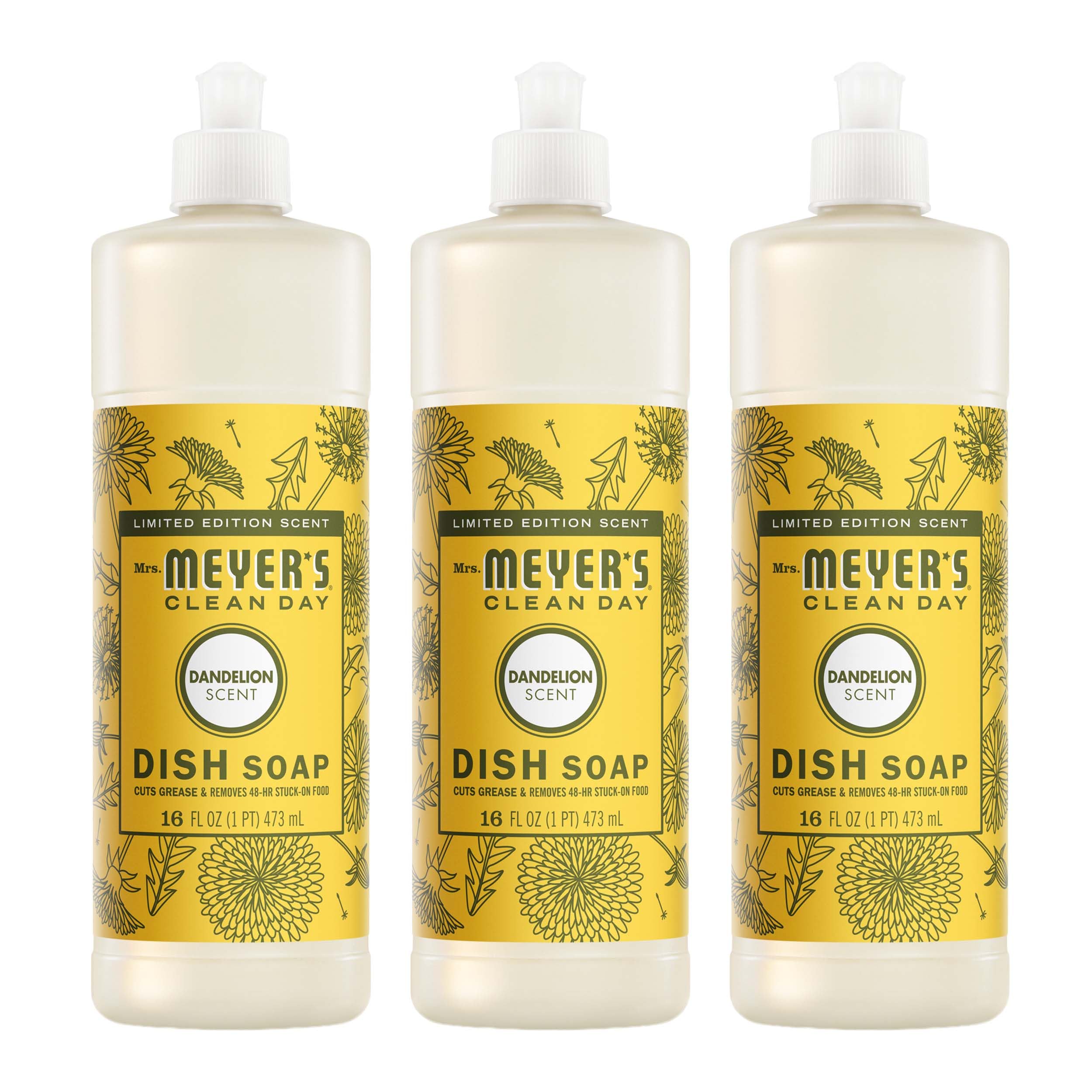 Mrs. MEYER'S CLEAN DAY Liquid Dish Soap, Dandelion Scent, 16 Fl Oz Bottle - 3 Pack