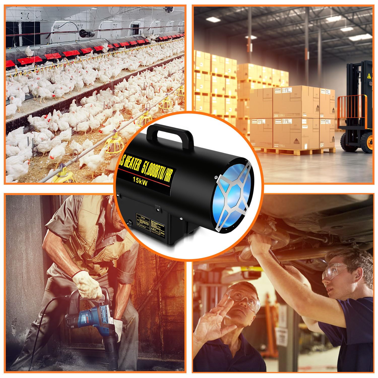Eulenke Soplador de calefacción de gas de 15 kW Calefactor de gas Caudal de aire 320 m³/h, Calefactor radiante de gas incl. manguera de gas y reductor de presión, cañón de calor generador de aire