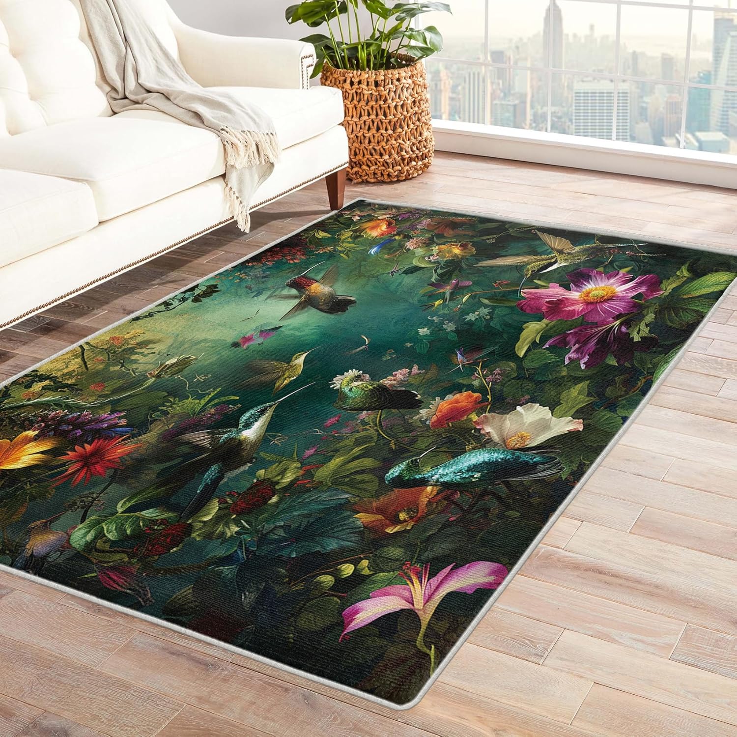 Hummingbird Floral Rug 2x3 Area Rugs, Tropical Jungle Rugs for Entryway, Botanical Nature Carpet for Bedroom Living Room, Soft Low Pile Washable Non-Slip Indoor Door Mat, Home Decor Small Rug