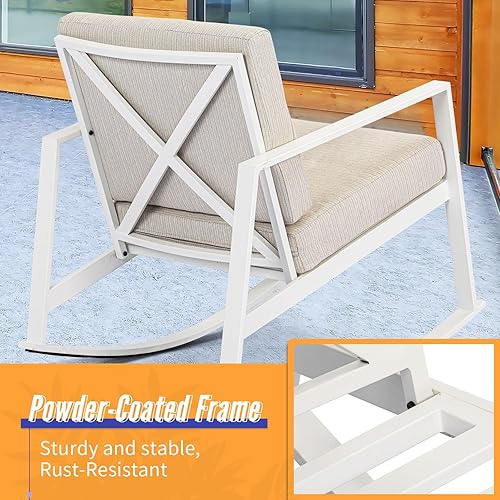 Miniatura 4 de AQUILLA Juego de 3 mecedoras de patio para exteriores, muebles de exterior con marco de metal, mesa redonda de vidrio templado, cojines gruesos de