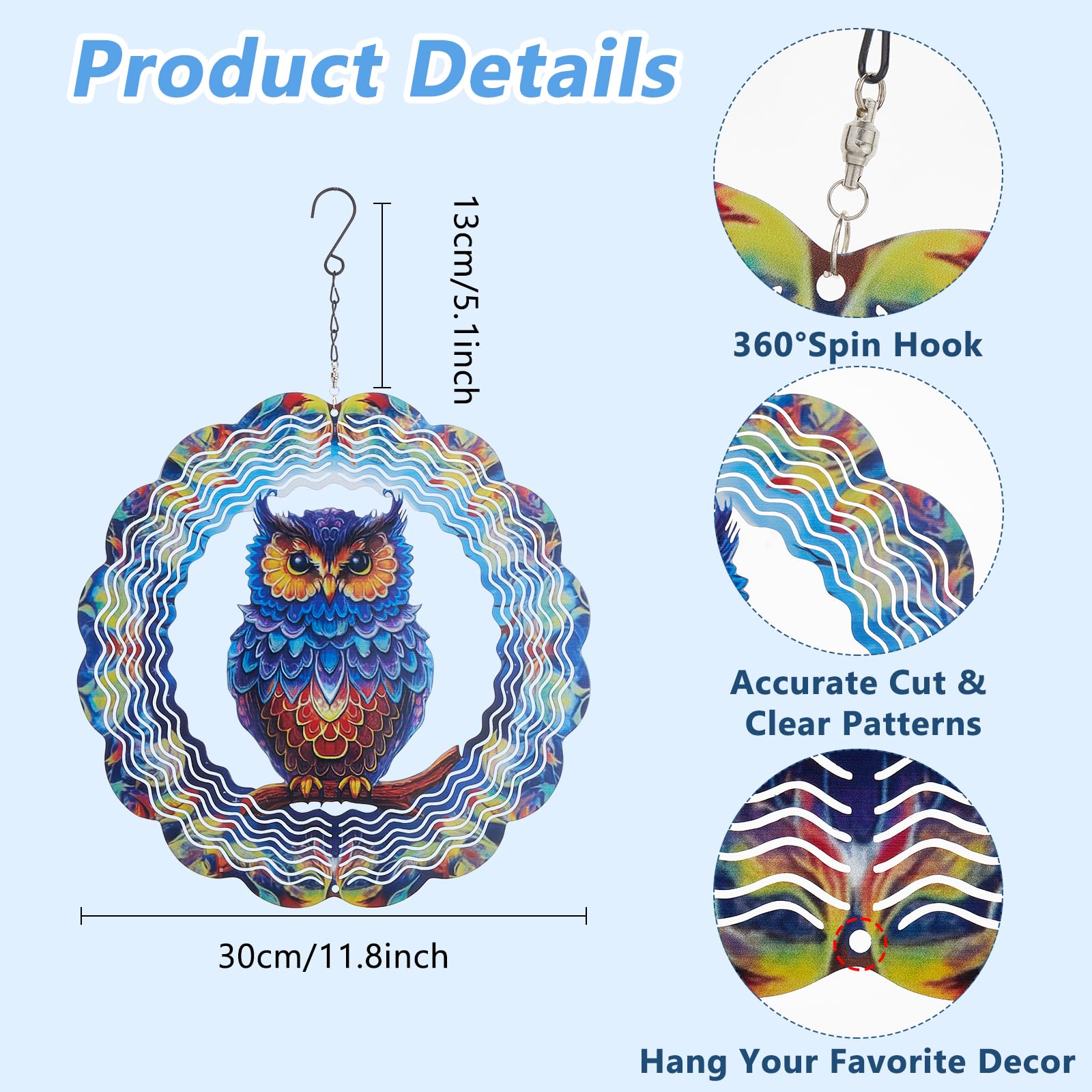 SUPERDANT Owl Wind Spinners 3D Stainless Steel Hanging Wind Catchers Kinetic Sculpture Art Garden Outdoor Indoor Decoration Christmas Ornament Gifts for Women Mom Grandma 30cm/12in - Image 3