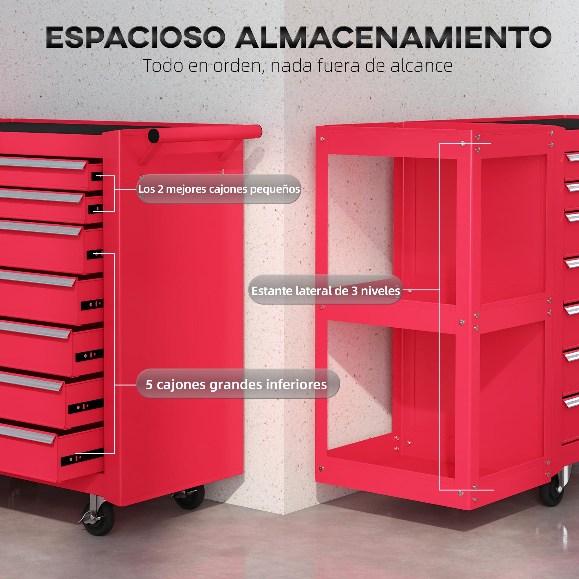 HOMCOM Carro de Herramientas con 7 Cajones, Carro de Taller con Estantería de 3 Niveles Desmontable, Sistema de Cierre Central, Asa, 2 Ruedas con Freno de Bloqueo, Rojo