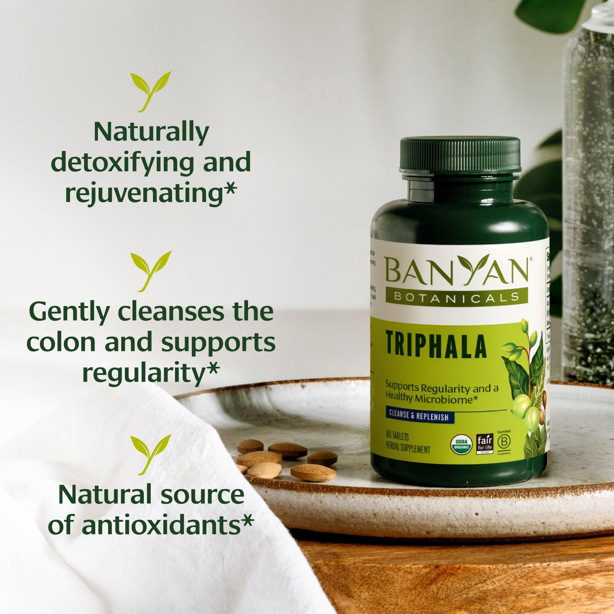 Banyan Botanicals Organic Triphala Tablets - Gentle Daily Digestion & Colon Cleanse Support - Amla, Haritaki, Bibhitaki - Healthy Elimination, Detox & Gut Microbiome - 180 Tablets - Non-GMO, Vegan* — Amazon image 2