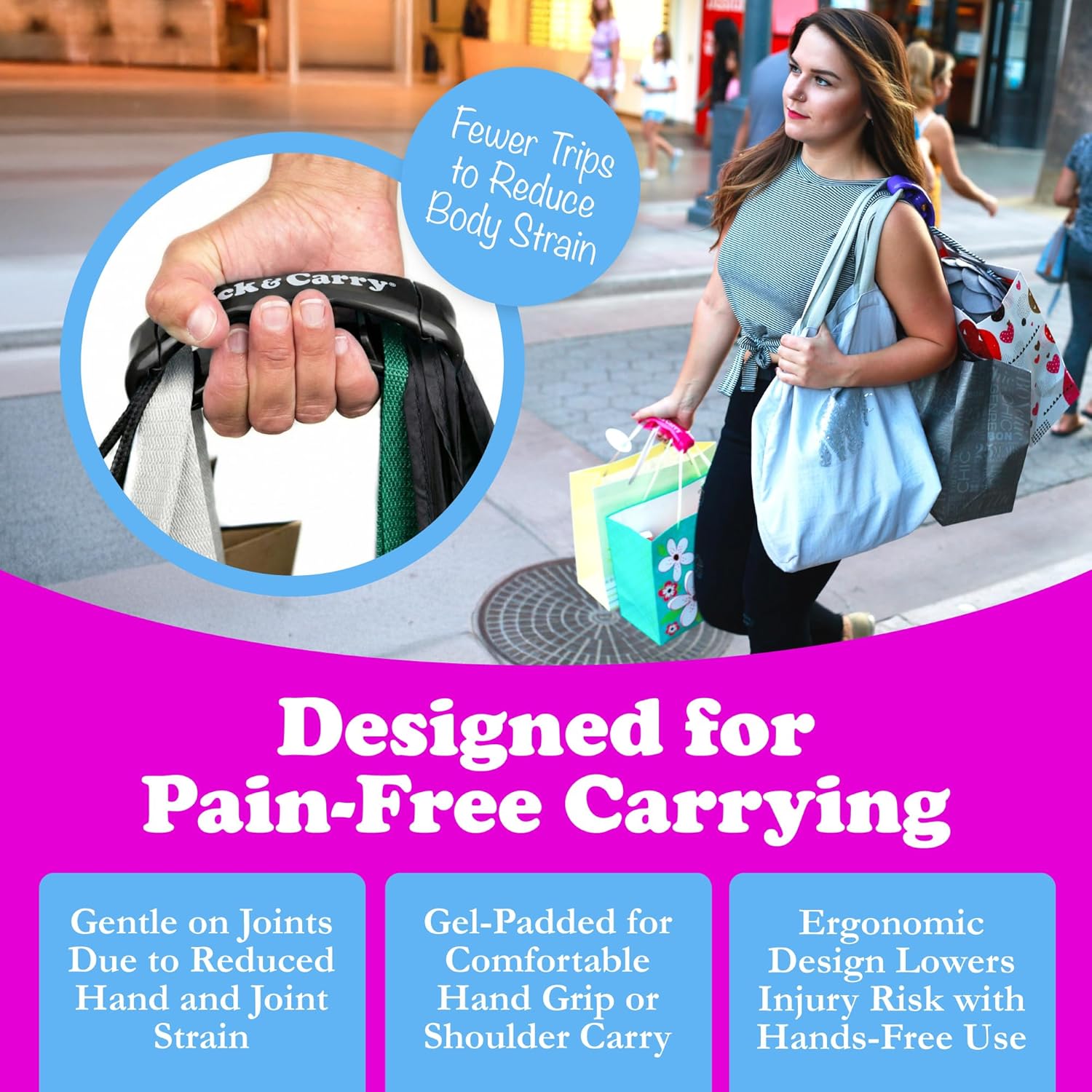 Click & Carry Grocery Bag Carrier Handle - Carry More in Fewer Trips, 100lb Capacity, Hands-Free, Gel-Padded Ergonomic Design, Shopping & Grocery Bag Holder - As Seen On Shark Tank, Black, 2 Pack - Image 4