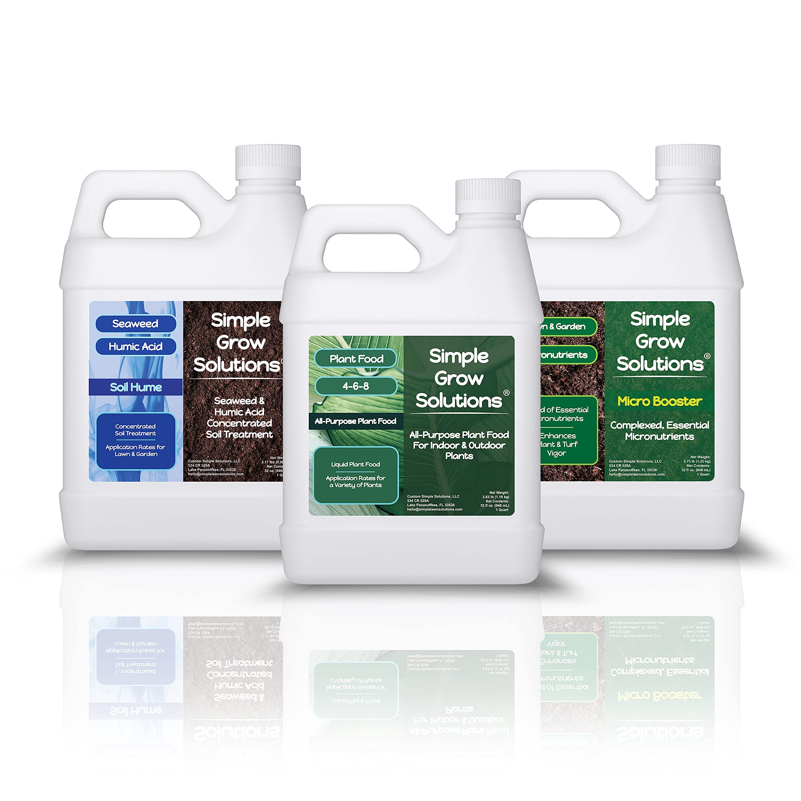 Soil Hume Seaweed Humic Acid 32 ounce + 4-6-8 All Purpose Plant Food 32 ounce + Micro Booster Chelated Micronutrients 32 ounce - Indoor Plant & Outdoor Garden Bundle - Simple Grow Solutions