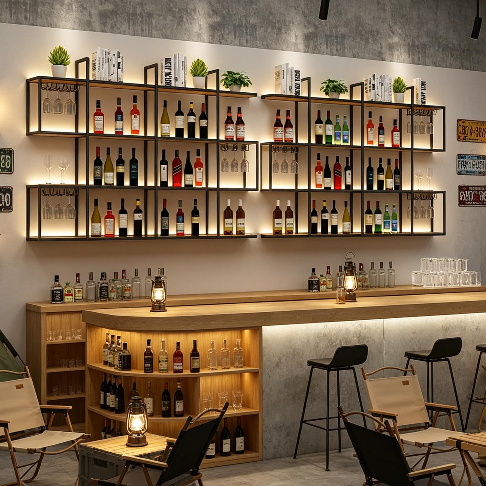 180cm Scaffale per vino a 4 livelli da parete con luci LED, mensola industriale per bottiglie di liquori, ripiani metallici per bar con portabicchieri, decorazione murale per sala da pranzo