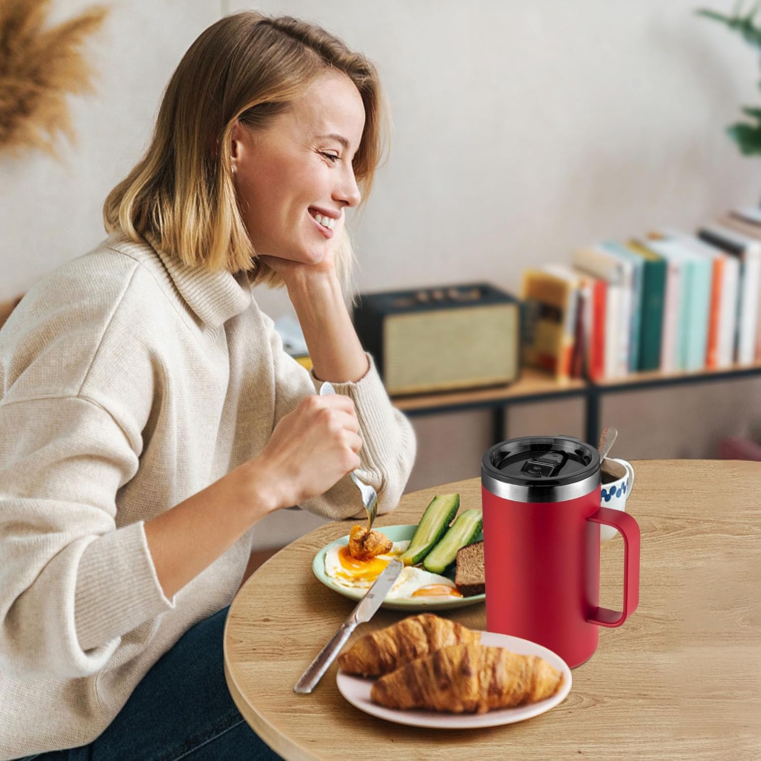 KXIAOCHEN 20oz Insulated Coffee Mug with Lid, Stainless Steel Coffee Cup, Double Wall Vacuum Coffee Tumbler with Handle, Premium Thermal Travel Coffee Mug (Red) - Image 3