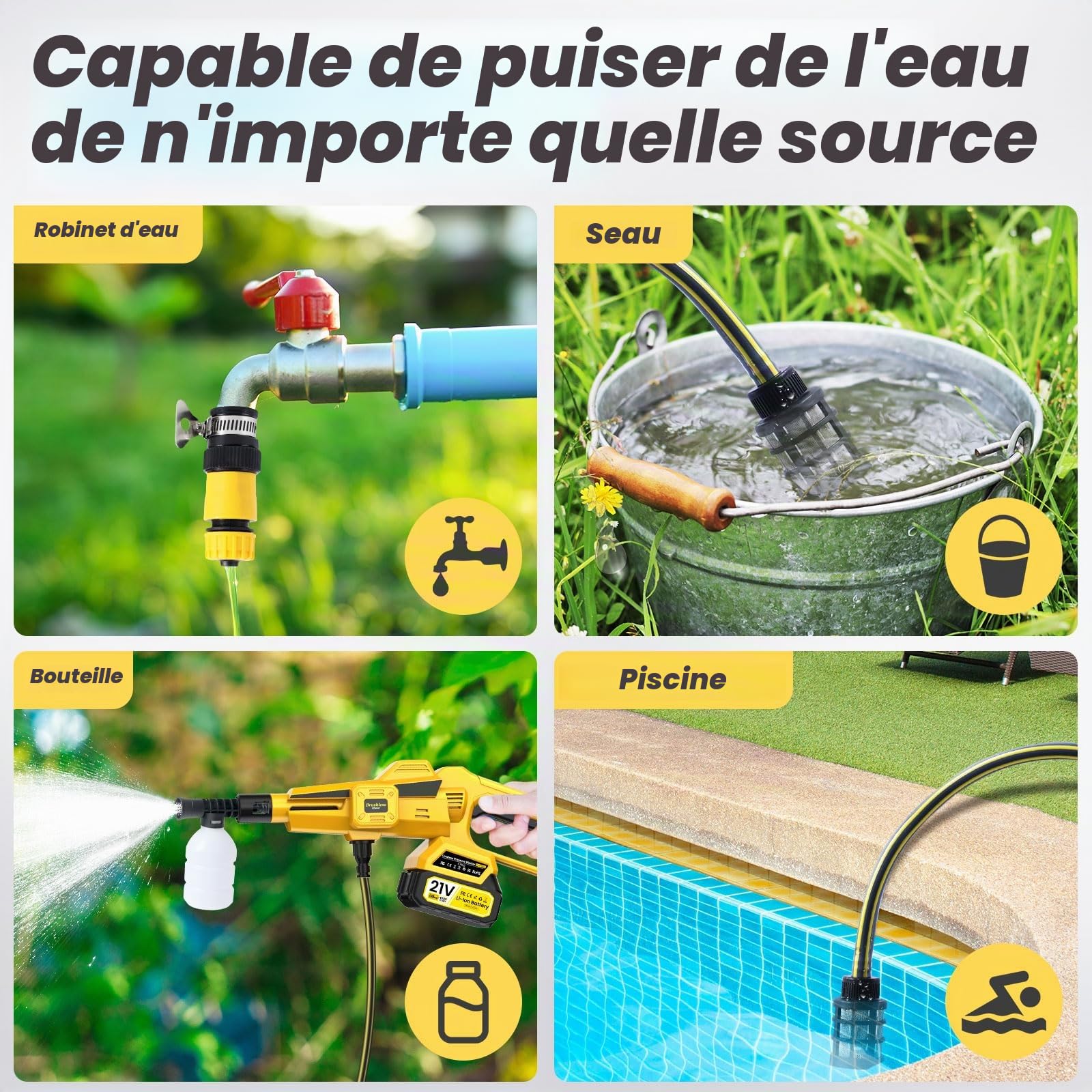 Nettoyeur Haute Pression sans Fil avec Buse 6-en-1 et 2 x 4000mAh Batteries | Pression D'eau Réglable, Raccordable au Robinet, Moteur Sans Balais, Écran, Tuyau de 5 m, pour Voiture, Terrasse, Jardin, Sol
