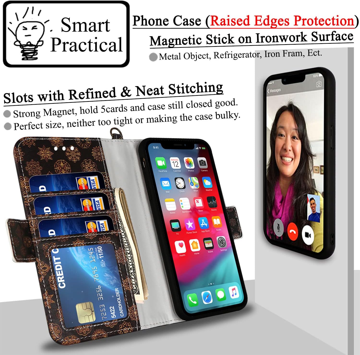 MEFON iPhone 11 Case Wallet Leather Detachable, Wireless Charging Compatible, with Tempered Glass and Wrist Strap, Magnetic Detachable Flip Folio Phone Cases for Apple iPhone 11 6.1 (Mandala 1)