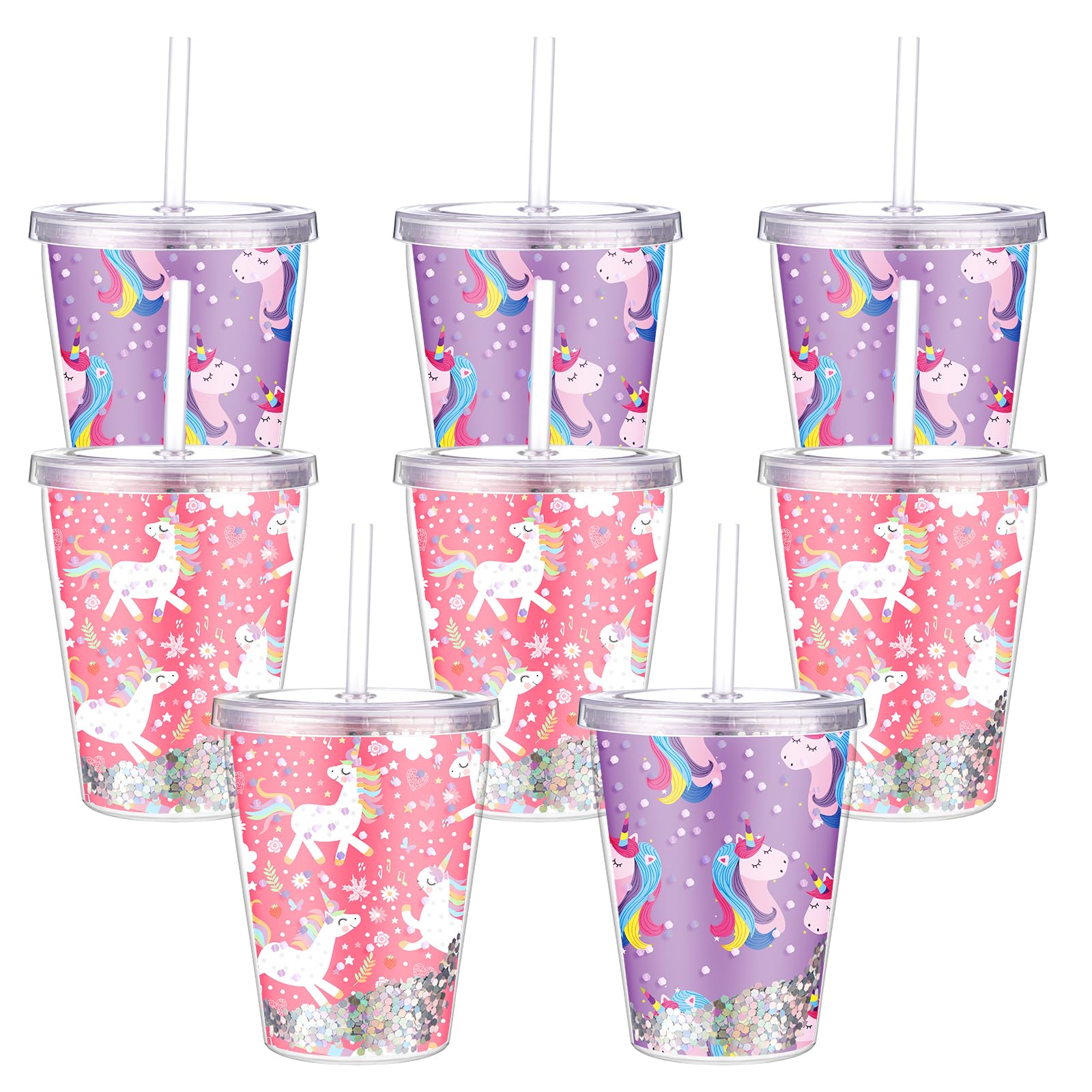 8 Pcs Unicorn Cup with Lid and Straw 12 oz Double Wall Acrylic Drink Tumbler Reusable Plastic Cups Unicorn Birthday Party Favors for Girls Kids Boys Gift