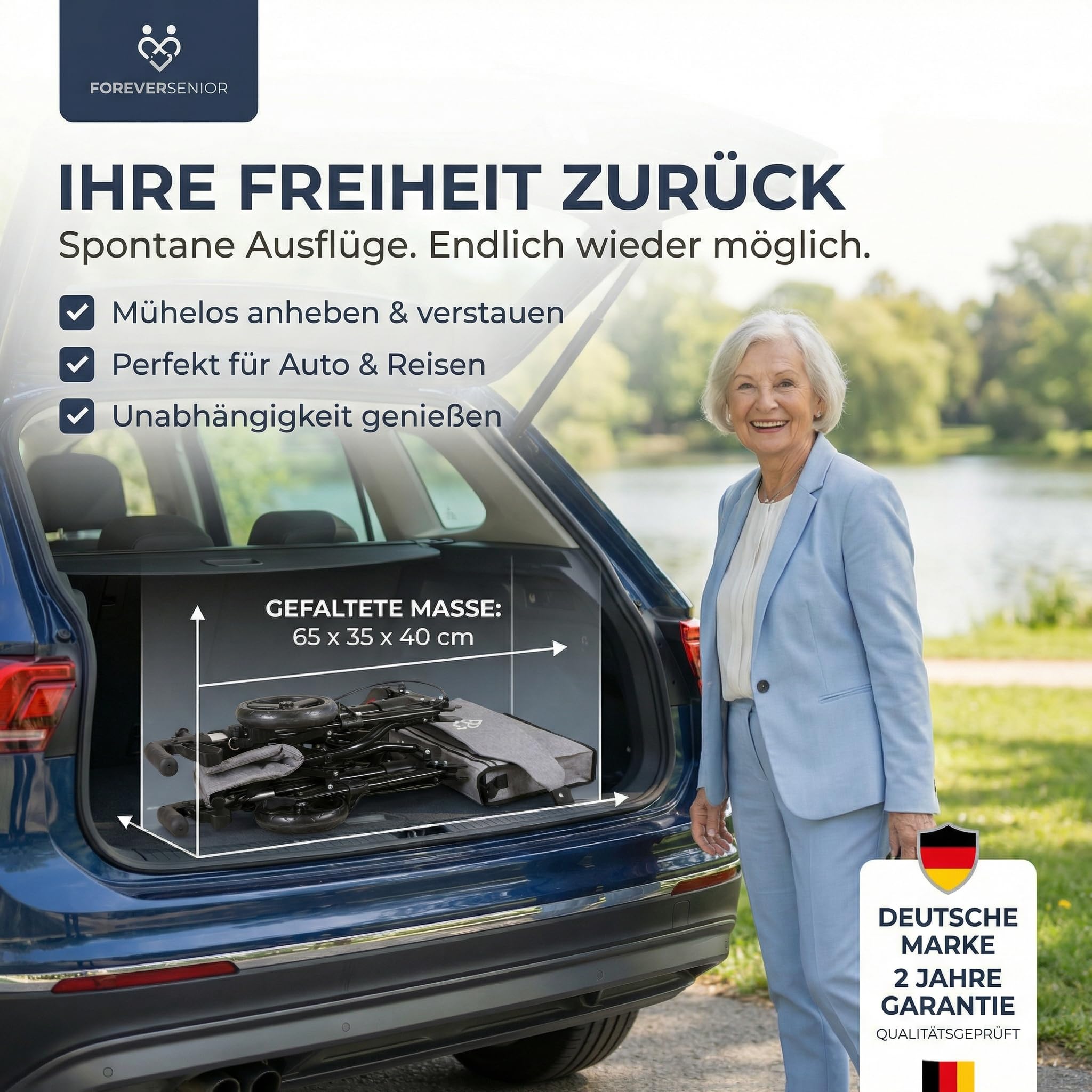 Rollator - 3-fach faltbar und leicht mit Sitz und All Gelände Reifen, schmaler 7,2kg Reiserollator zum Klappen für Senioren