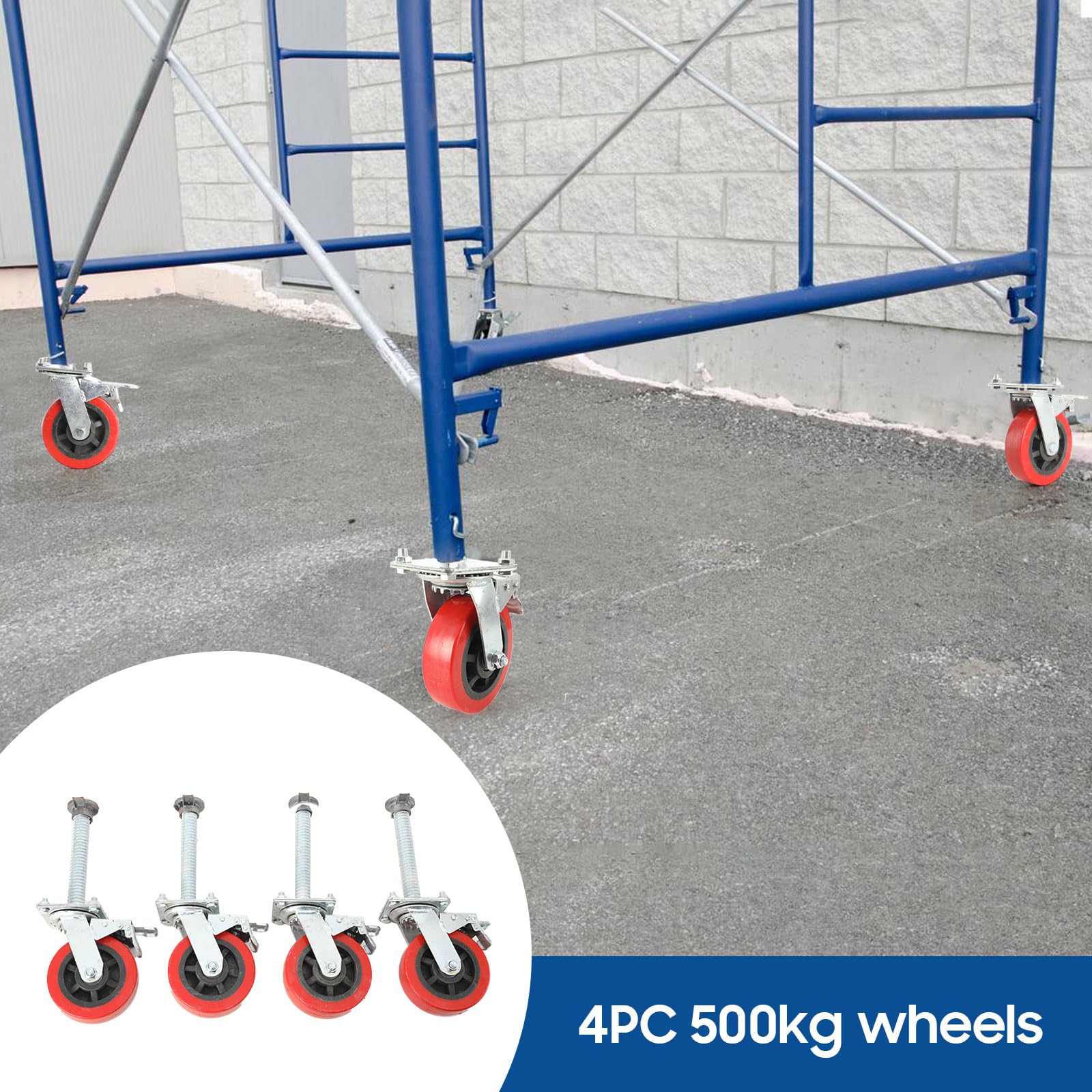LALABU Gerüstrollen 4er-Set mit Doppelbremse, 360° Lenkrollen aus Karbonstahl und Nylon, bis 500 kg pro Rolle für Gerüst, Möbel und Werkstatt