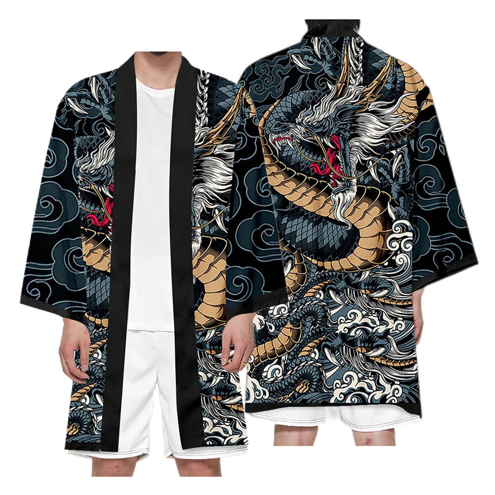 CHUIKUAJ Kimono da Uomo, Cardigan Lungo, Manica 3/4, Kimono con Cintura, Stampa Drago, Aperto sul Davanti, Soprabito - Taglie Forti,Black-8XL