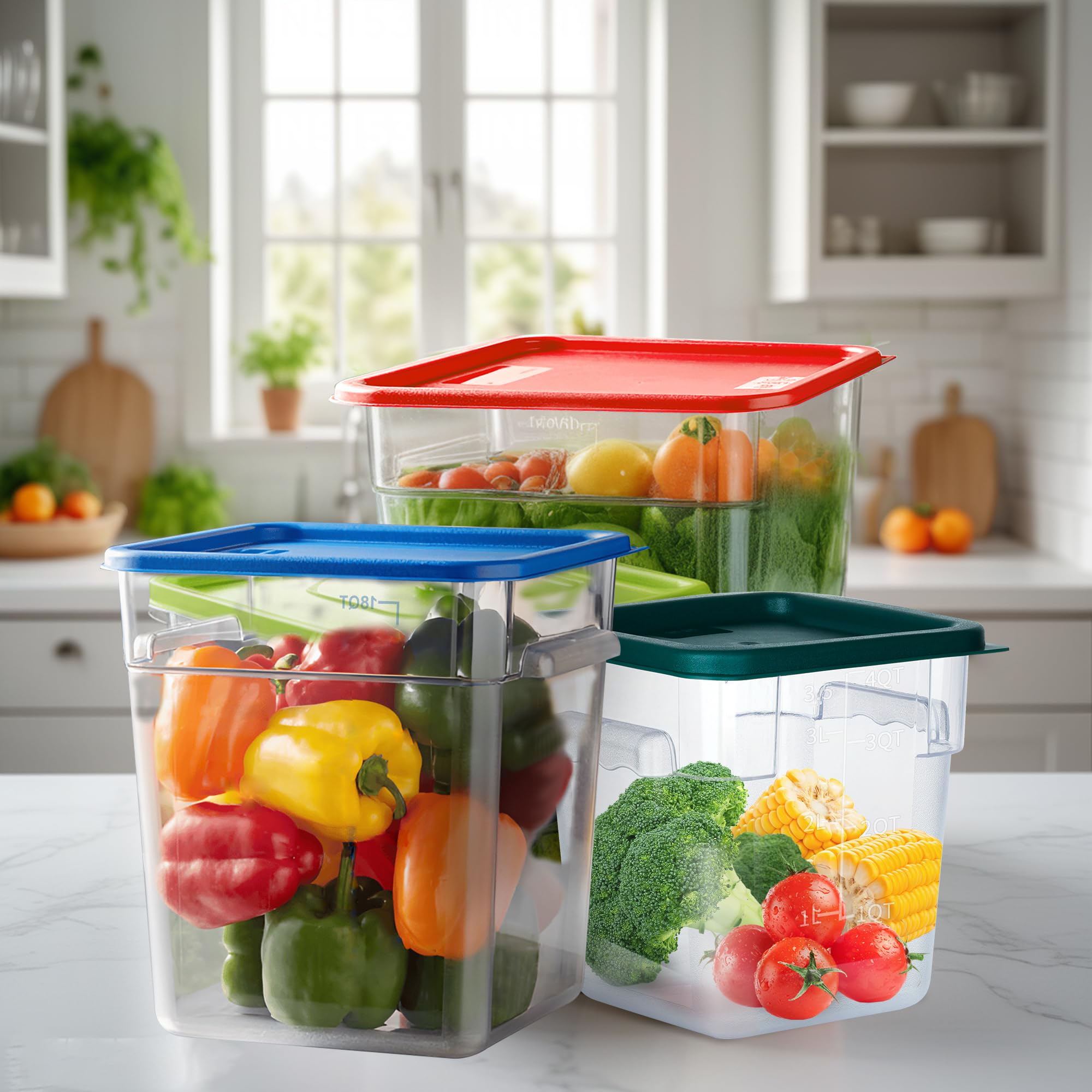 Paquete de 4 recipientes de almacenamiento de alimentos de 12 cuartos de galón con tapas, recipientes cuadrados de policarbonato para alimentos, NSF, transparente