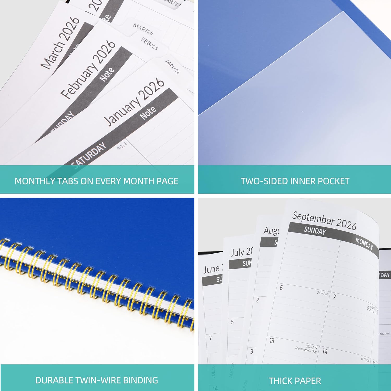2026-2030 Monthly Planner, 5 Year Monthly Planner/Calendar 2026-2030, 60-Month Jan 2026 – Dec 2030, 9" x 11", Tabs, Double-Side Pocket, Holidays, Thick Paper - Blue