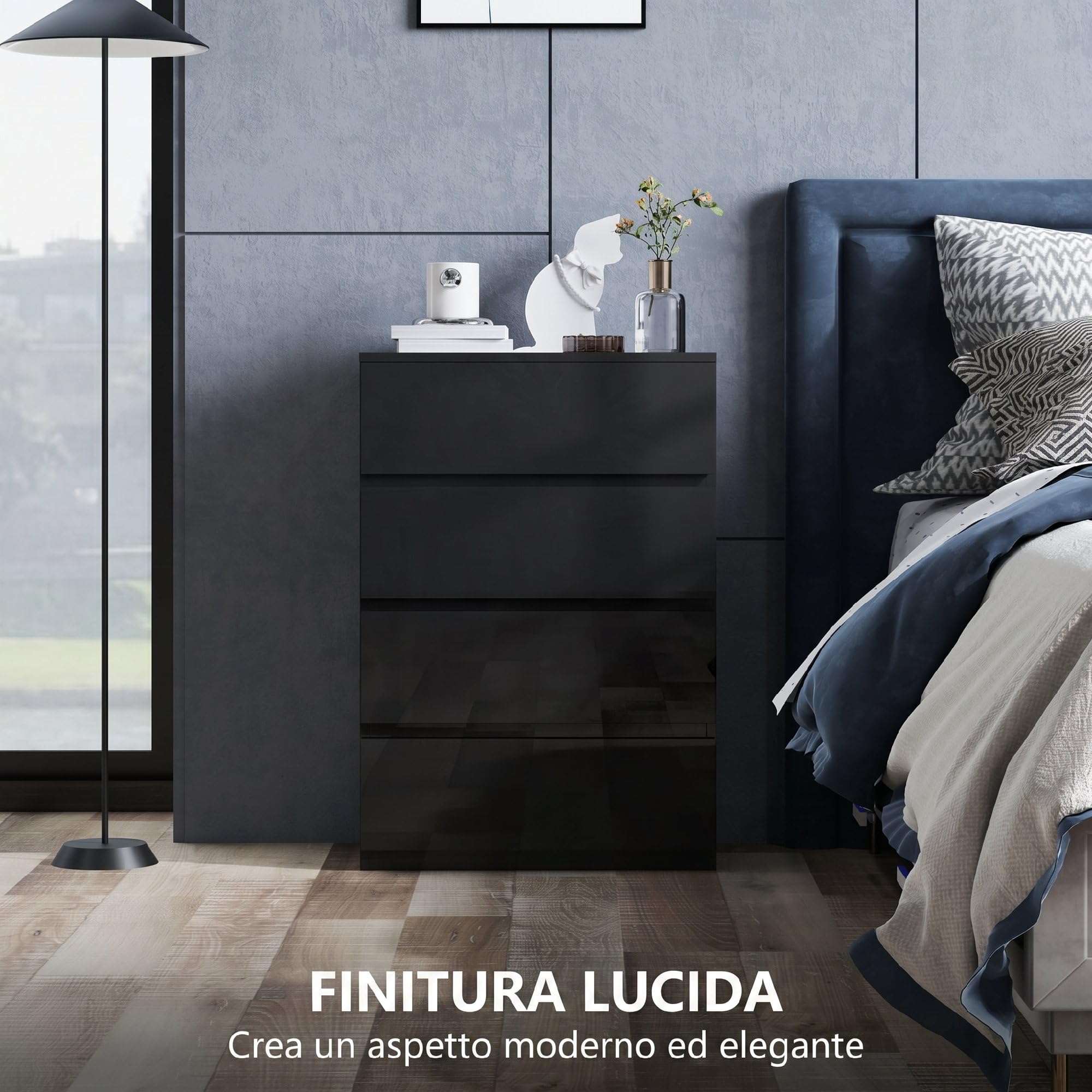 HOMCOM Cassettiera 4 Cassetti per Camera da Letto 55x34x80 cm Nero Lucido