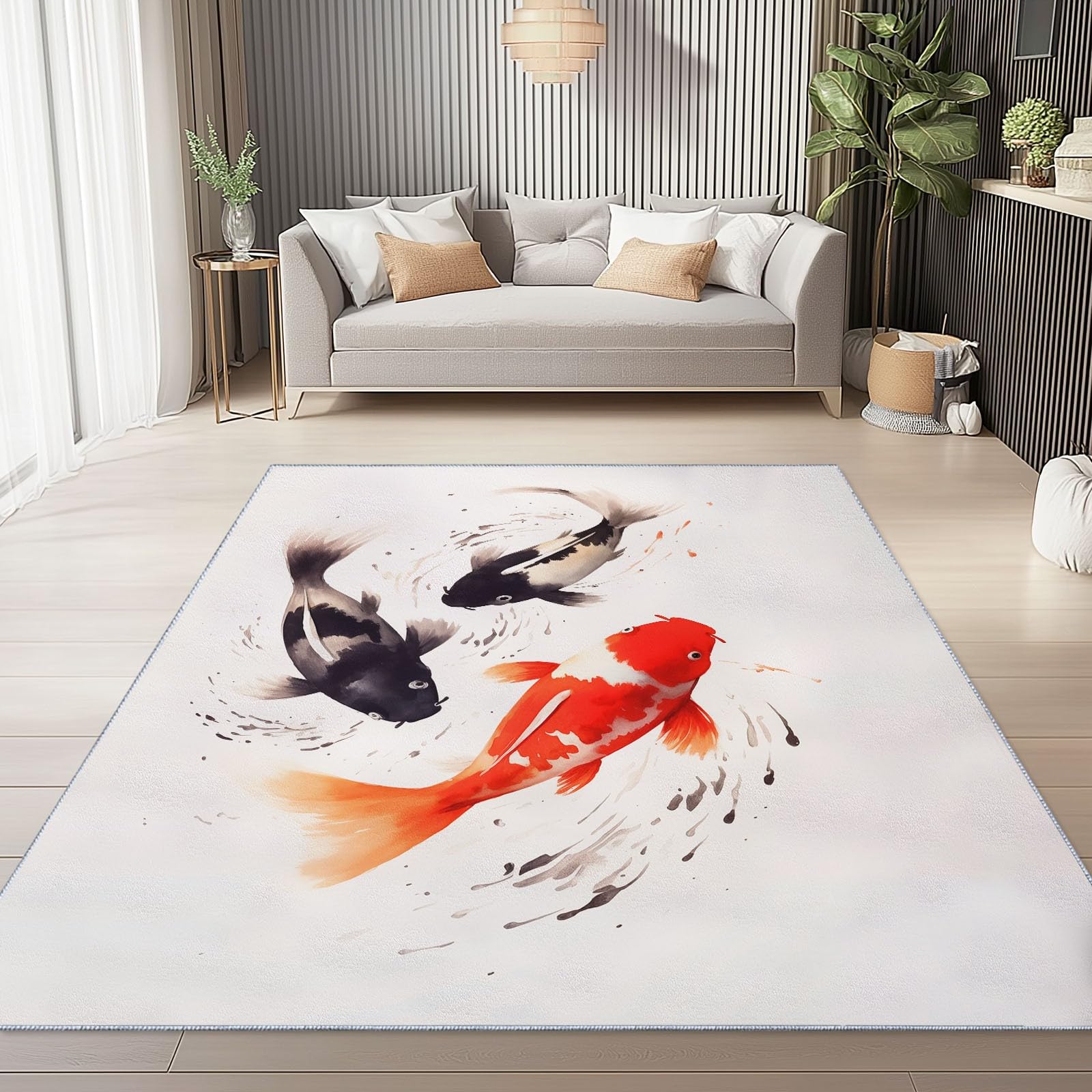 Tapis de Salon 140 x 200 cm – Antidérapant, Doux et Épais Lavable en Machine, Motif Lavis À L'Encre De Chine Poisson – Tapis de Sol pour Chambre, Salle de Séjour, Blanc