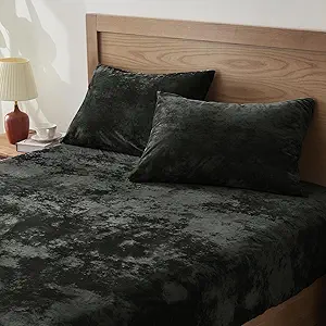 BEDELITE Velvet Fitted Sheet and Pillowcases Set, Luxury Soft Fuzzy Bottom Sheet with Reinforced Elastic Corner Straps, Deep Pocket up to 15 Inch, 1 Fitted Sheet and 2 Pillowcases (Cal King, Black)