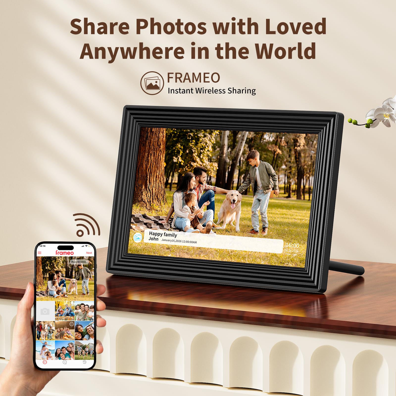 Cadre photo numérique, cadre photo numérique Frameo 10,1", écran tactile LCD IPS 1280 x 800, 16 Go, prend en charge les cartes SD, partage instantanément des moments heureux via la