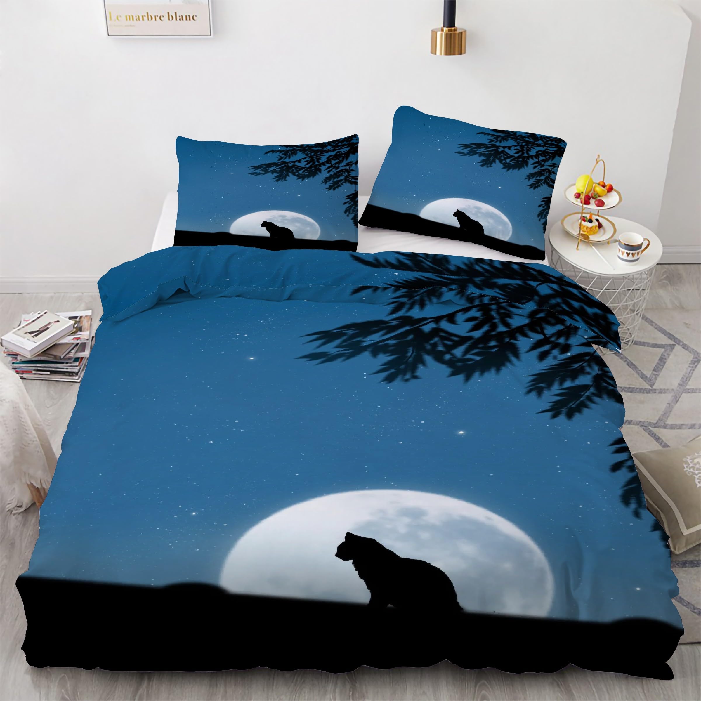 Housse de couette chat et lune 90x190 pour une chambre d'enfant cocooning et douce