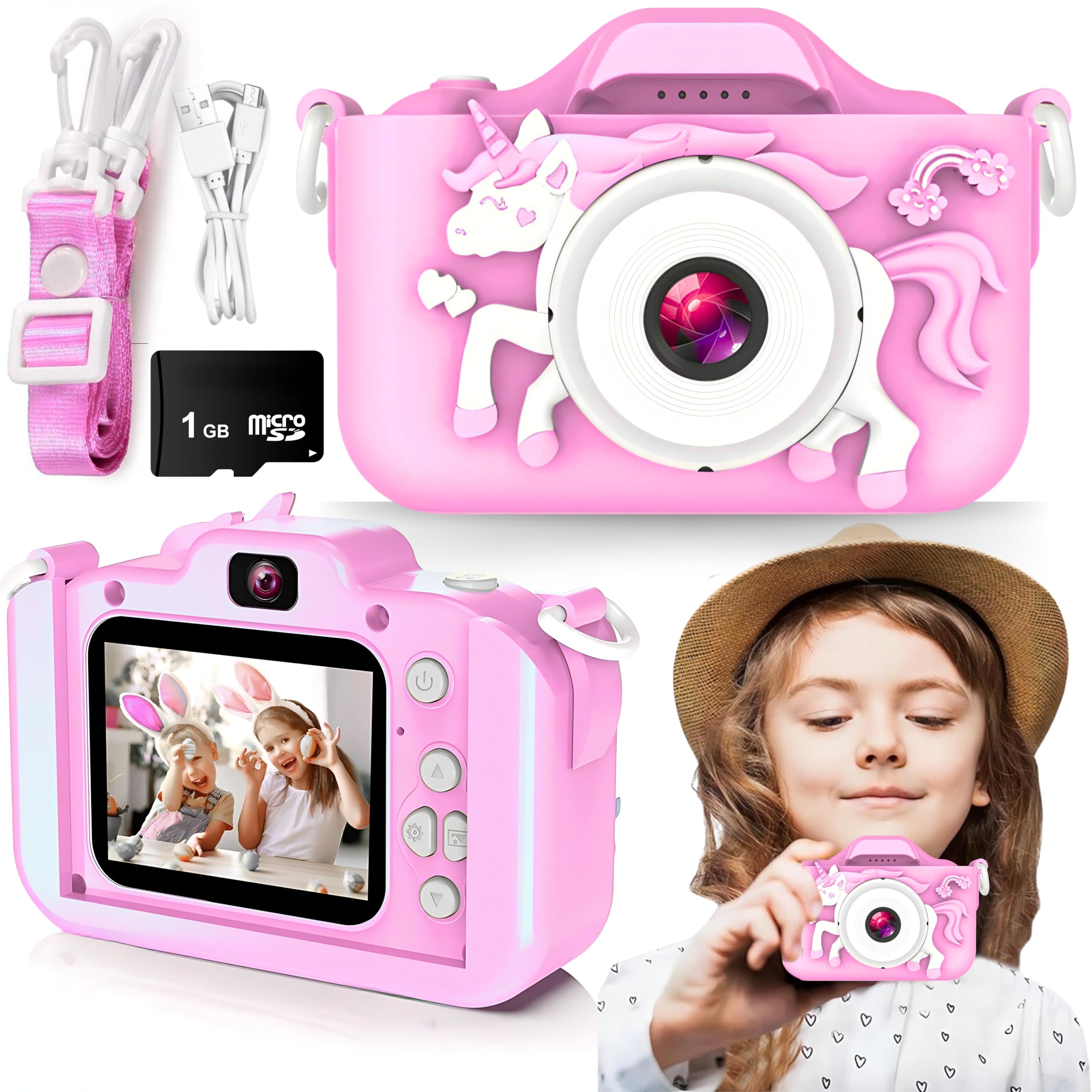 SGM Kids Unicorn Camera, Camera Toys for 3-12 Years Old Boys Girls Children, Portable Child Digital Video Camera with Silicone Cover & 1GB Storage Card, Best Birthday Gifts for Toddler 3 to 12 (Pink)