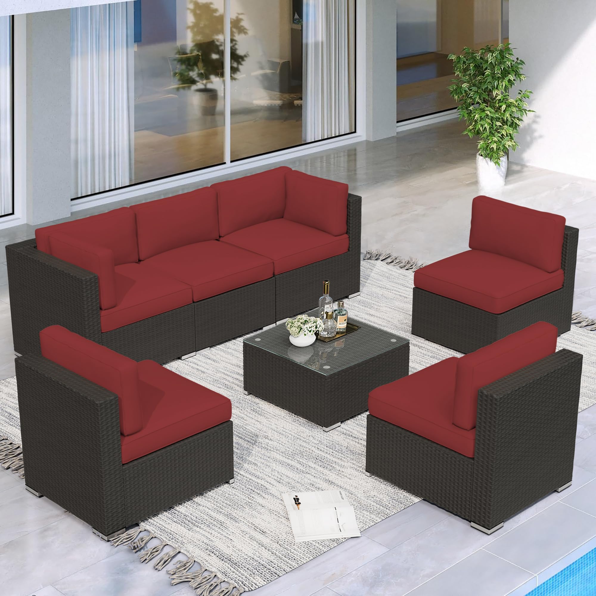 Crownland 7-Piece Outdoor Patio Furniture Set (Black & Red)