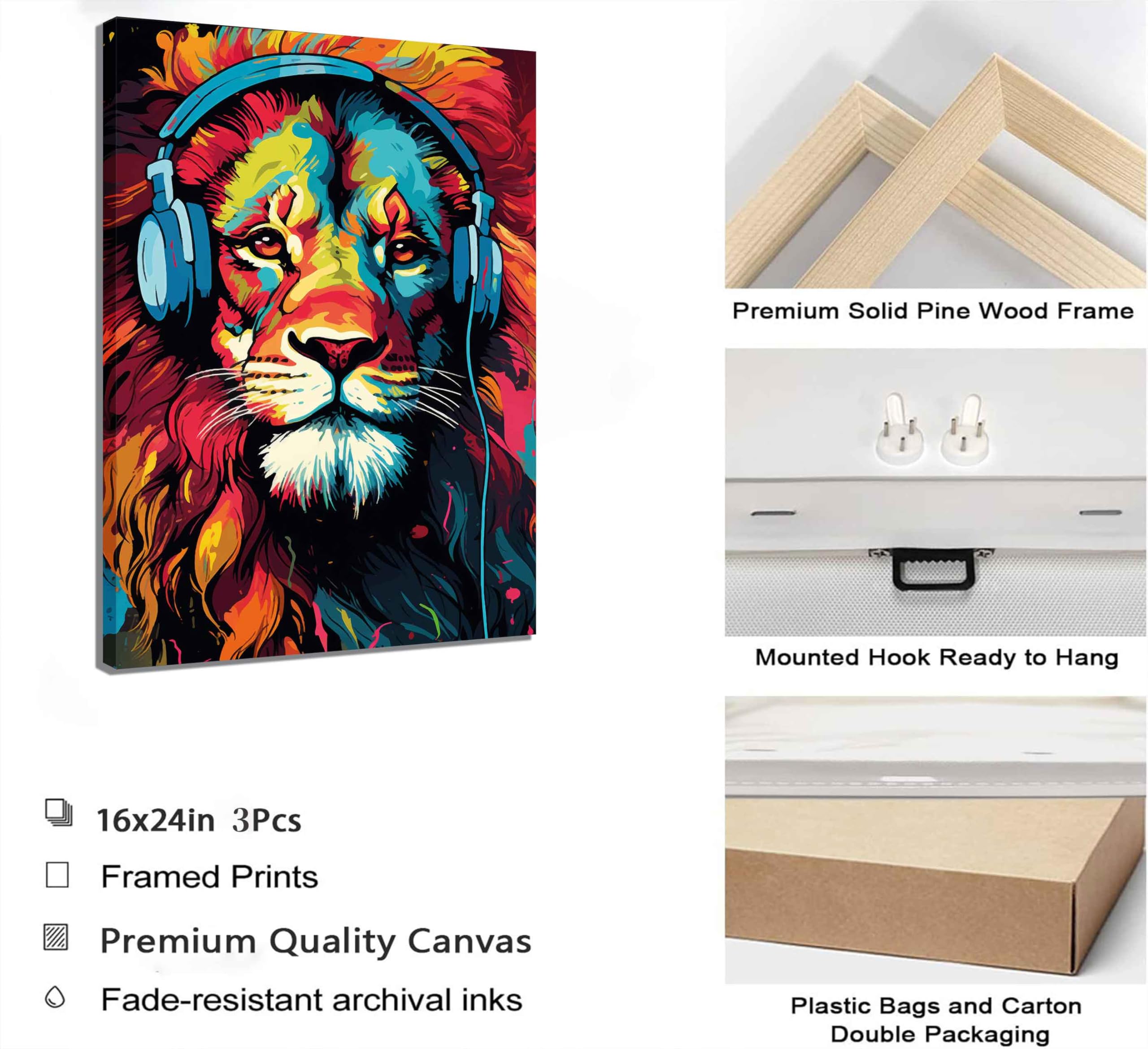 3 x Gaming-Wandkunst, Tier-Graffiti-Poster, Bilder mit Kopfhörern, Sonnenbrille, Gorilla, Tiger, Wolf, coole Gamer-Leinwanddrucke, bunte Graffiti-Gemälde für Teenager, Spiel, Jungenzimmer,