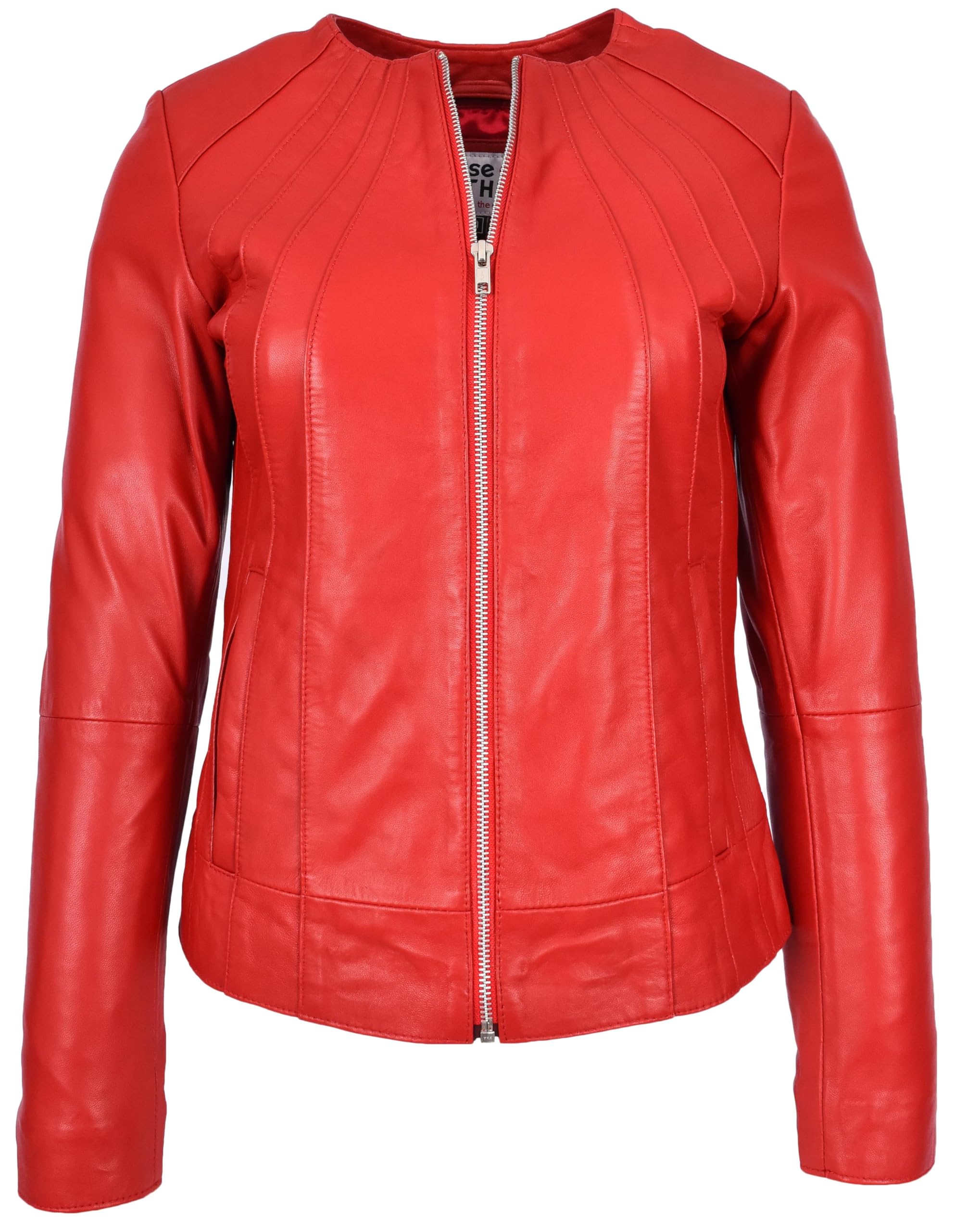 Womens Real Leather Collarless Jacket Classic Style Lottie (UK, Numeric, 20, Regular, Regular, Red)