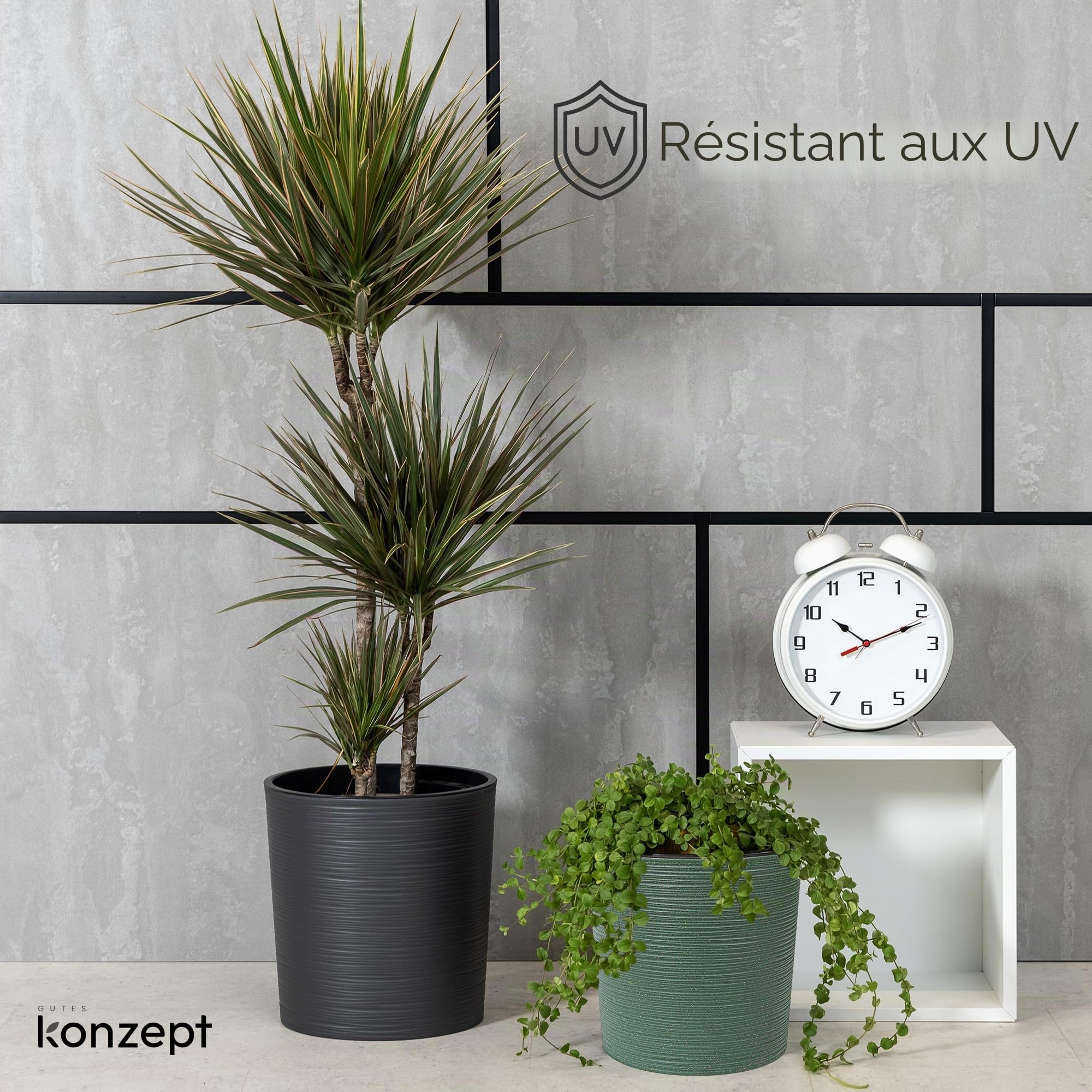 KONZEPT Grand pot de fleurs, pour l'intérieur, 30 cm, en plastique, noir, design traces de burin, avec insert intérieur