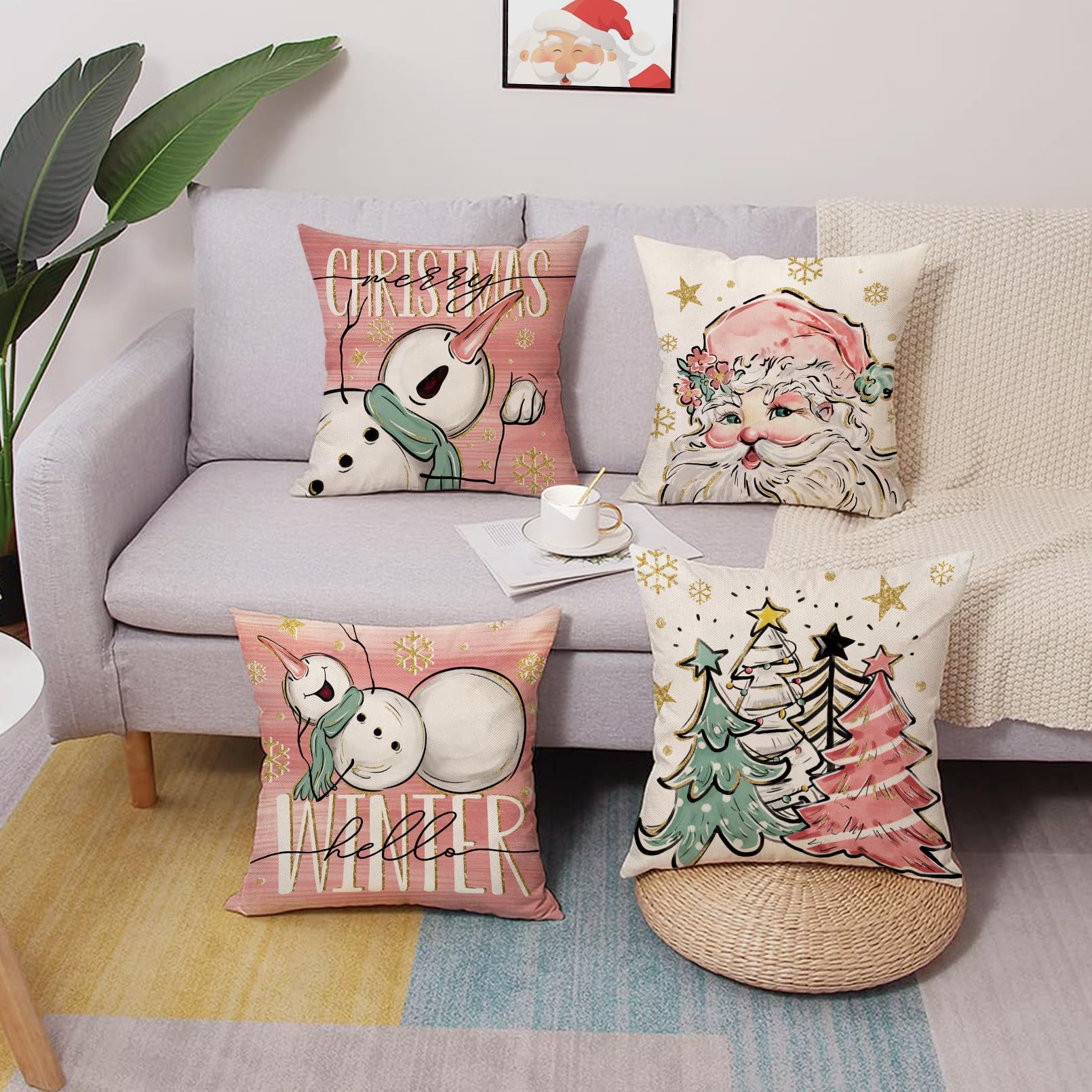 Set 4 Federe Decorative 50x50 Cm Per Pasqua, Con Coniglietti, Uova E Scritta 'Happy Easter', In Cotone E Lino, Rosa