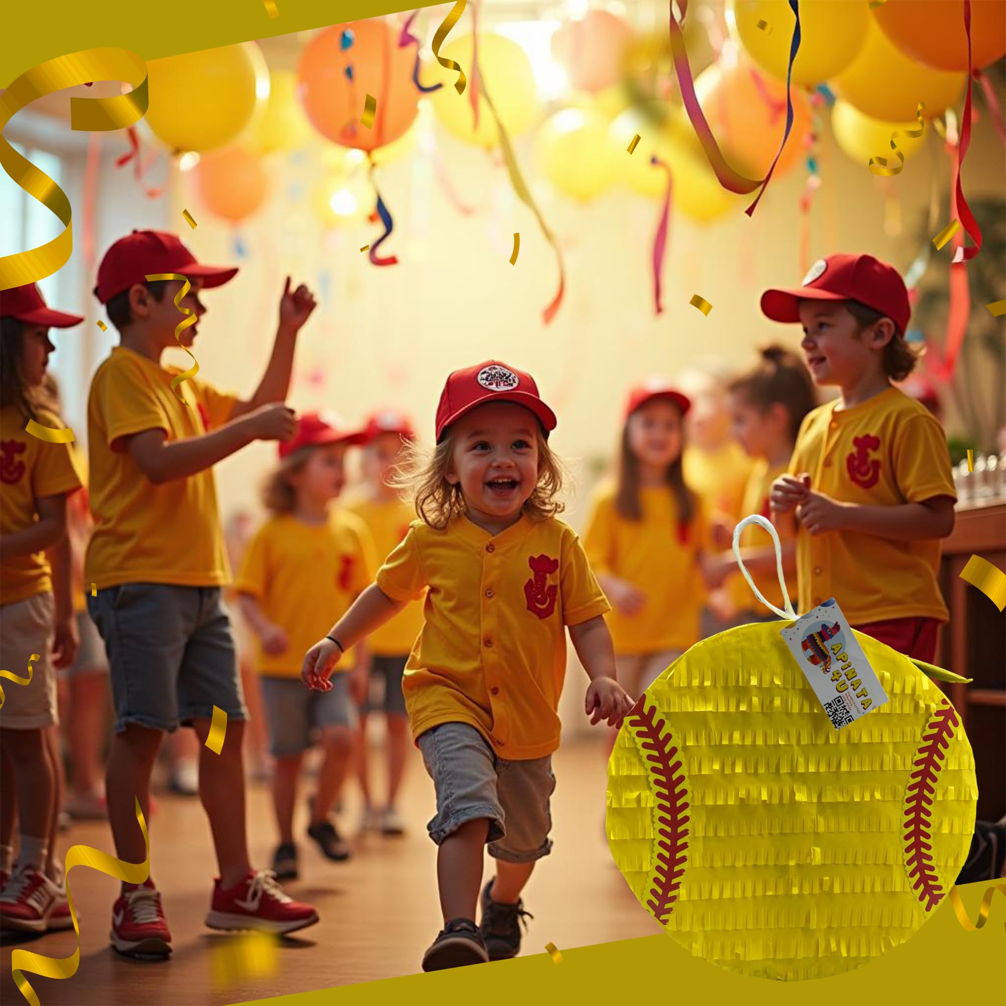 Piñata softball 2D, żółty, 40,6 cm, na przyjęcie urodzinowe, do dekoracji imprez